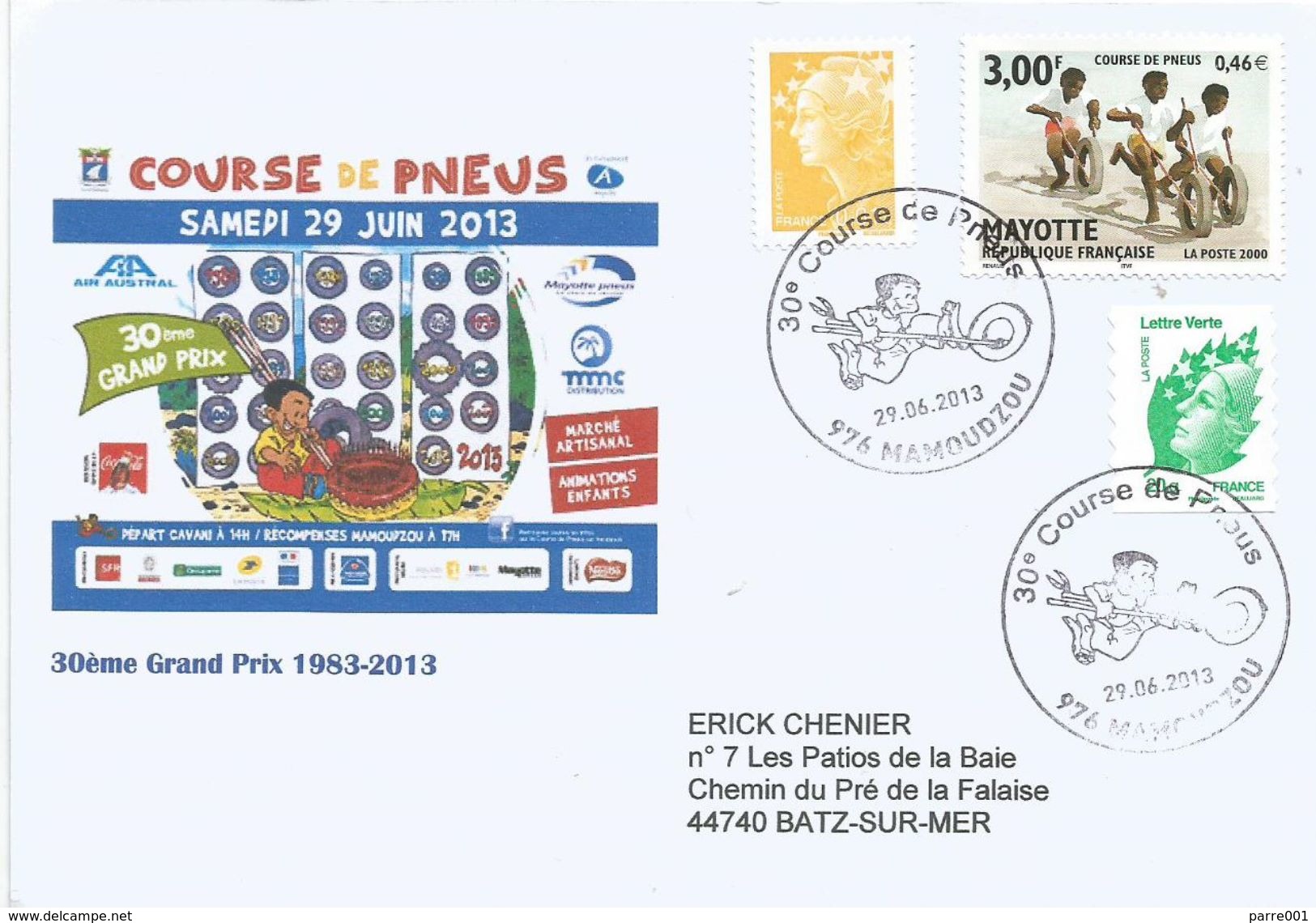 Mayotte France 2013 Mamoudzou Course De Pneus Handstamp Cover - Brieven En Documenten