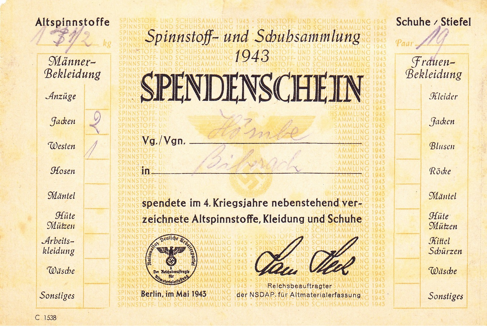 Spendenschein Von 1943 (Schuhe Etc) - Historische Dokumente