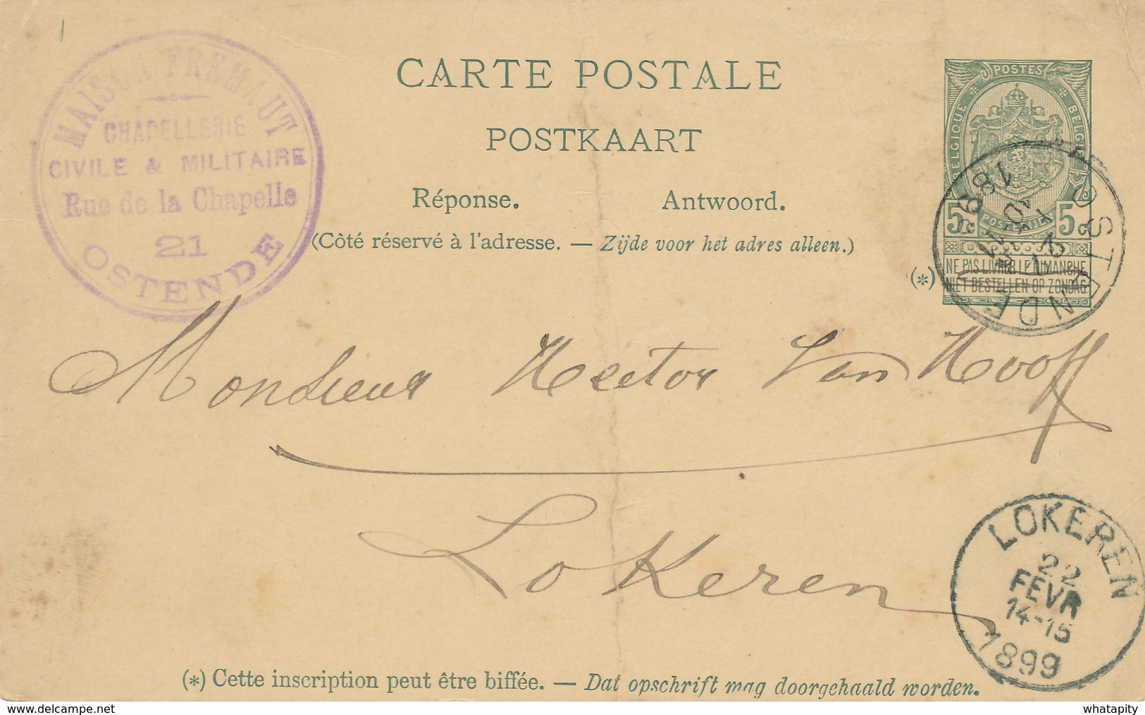 YY619 - Entier Postal Armoiries OSTENDE 1899 Vers LOKEREN - Cachet Chapellerie Civile Et Militaire Maison Fremaut - Cartes Postales 1871-1909