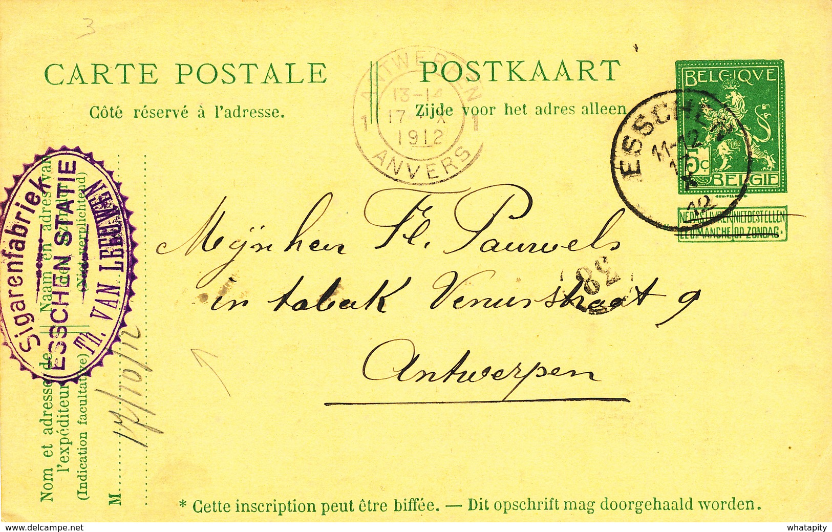 YY627 - Entier Postal Pellens ESSCHEN 1912 Vers ANTWERPEN - Cachet Sigarenfabriek Van Leeuwen à ESSCHEN Statie - Briefkaarten 1909-1934