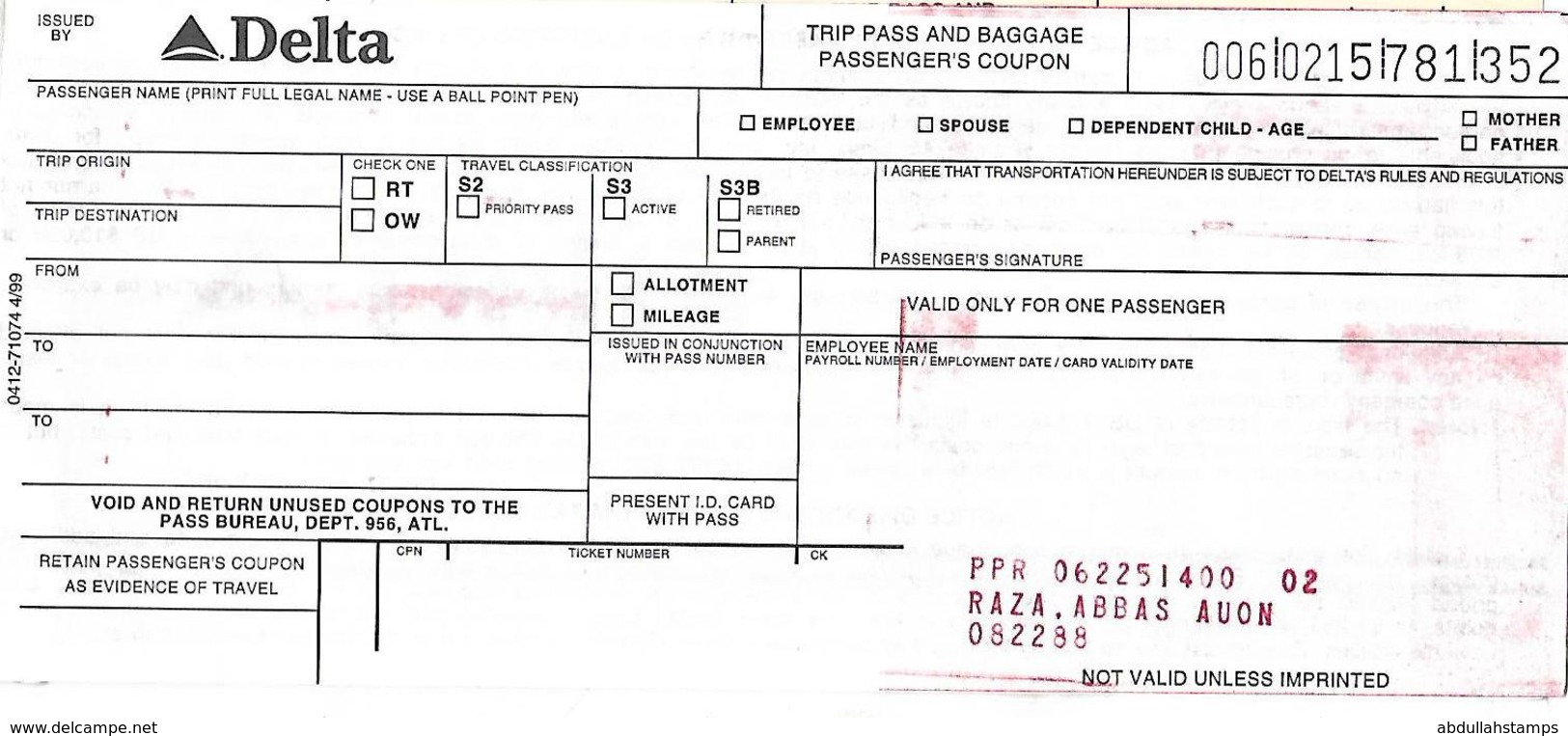 DELTA AIRLINE BLANK PASSENGER TICKET. - Tickets