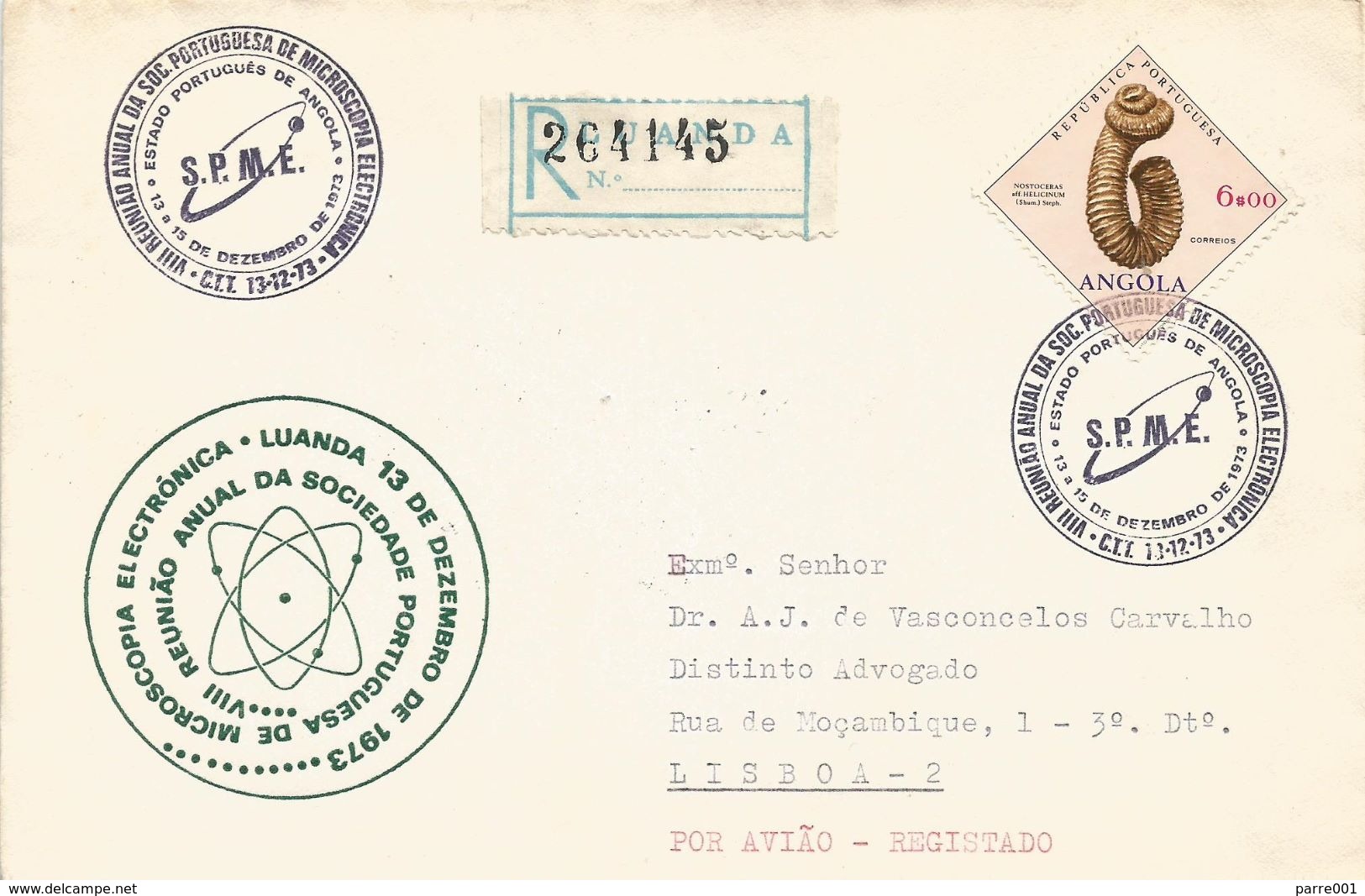 Angola 1973 Luanda Electronic Microscop Conference Handstamp Mollusc Nostoceras Helicina Registered Cover - Angola