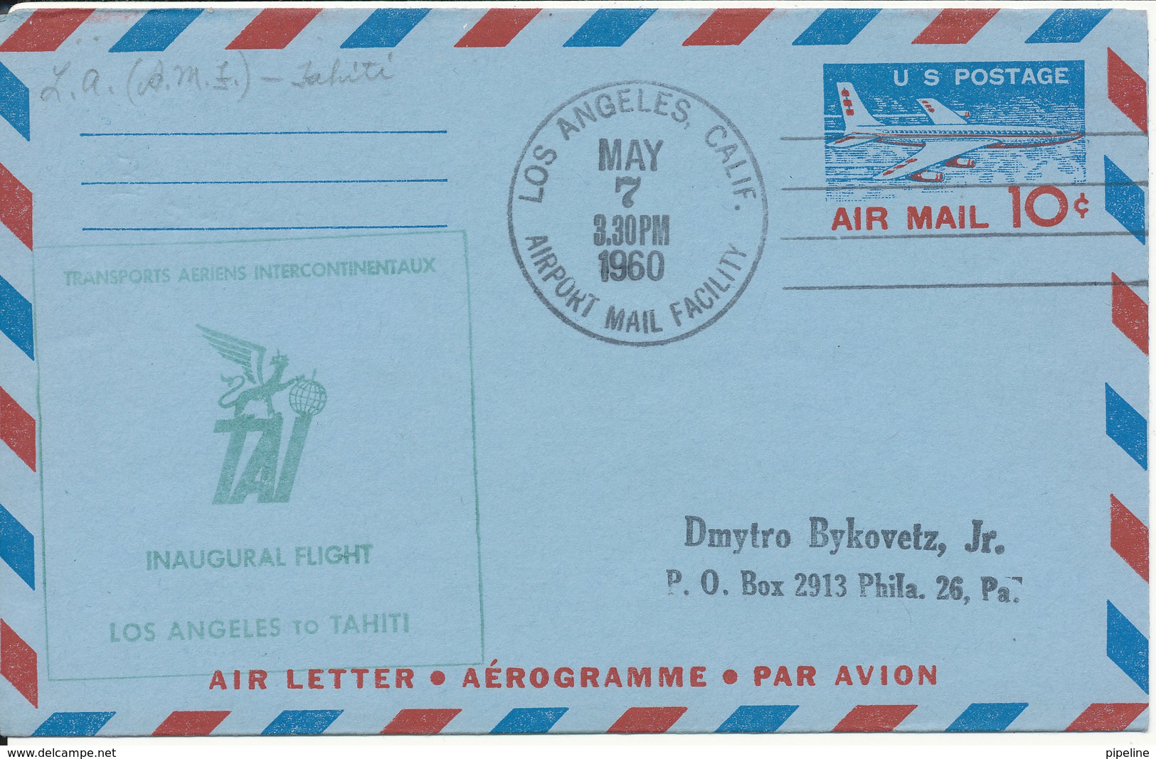 USA Aerogramme Inaugural TAI Flight Los Angeles To Tahiti 7-5-1960 - 2c. 1941-1960 Covers