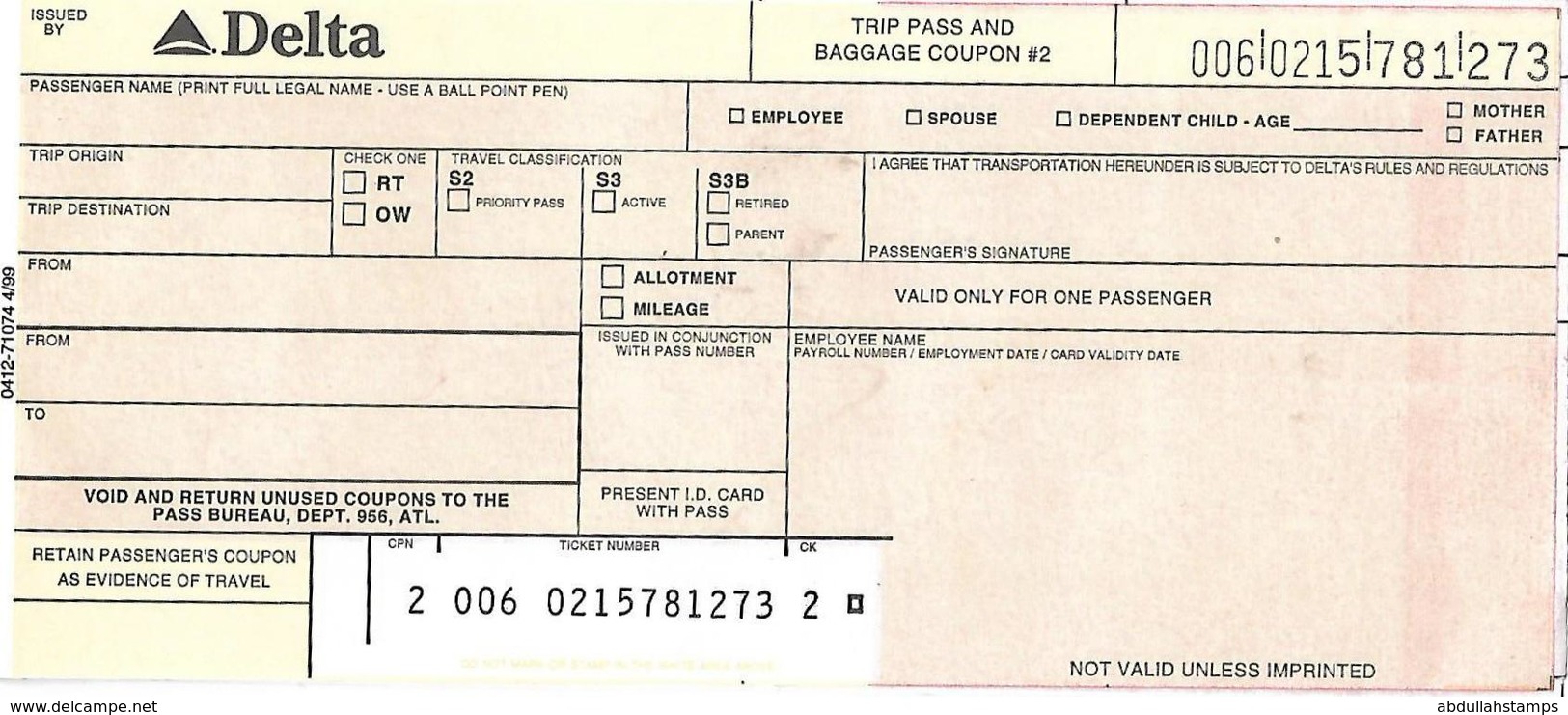 DELTA AIRLINE BLANK PASSENGER TICKET. - Tickets