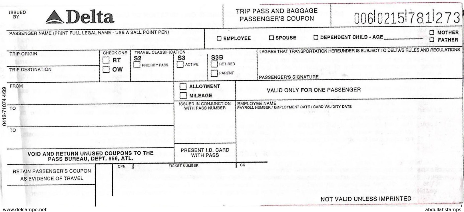 DELTA AIRLINE BLANK PASSENGER TICKET. - Tickets