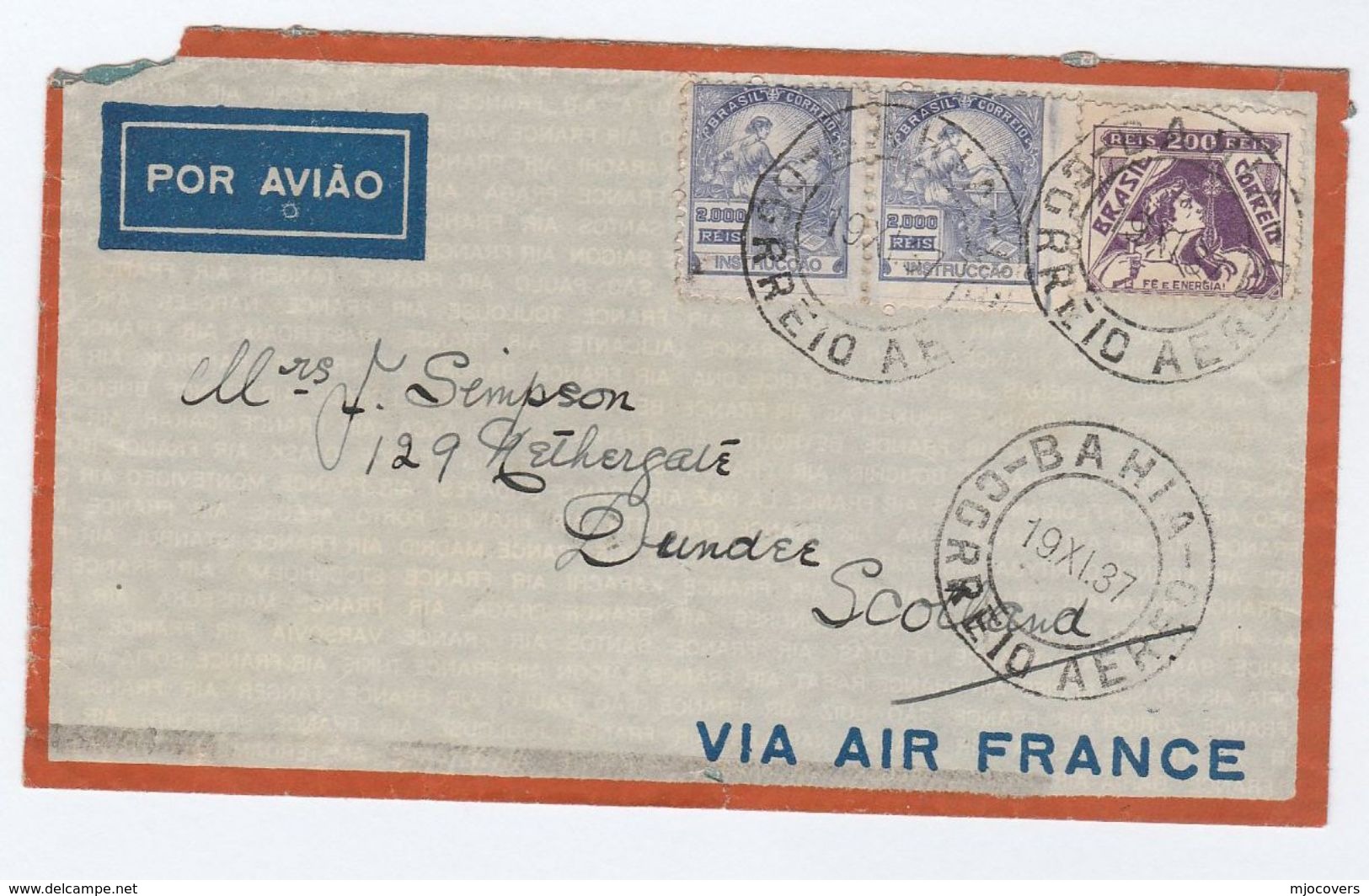 1937 BRAZIL Bahia AIR FRANCE FLIGHT COVER Via  Le Bourget France To GB Aviation Stamps - Covers & Documents