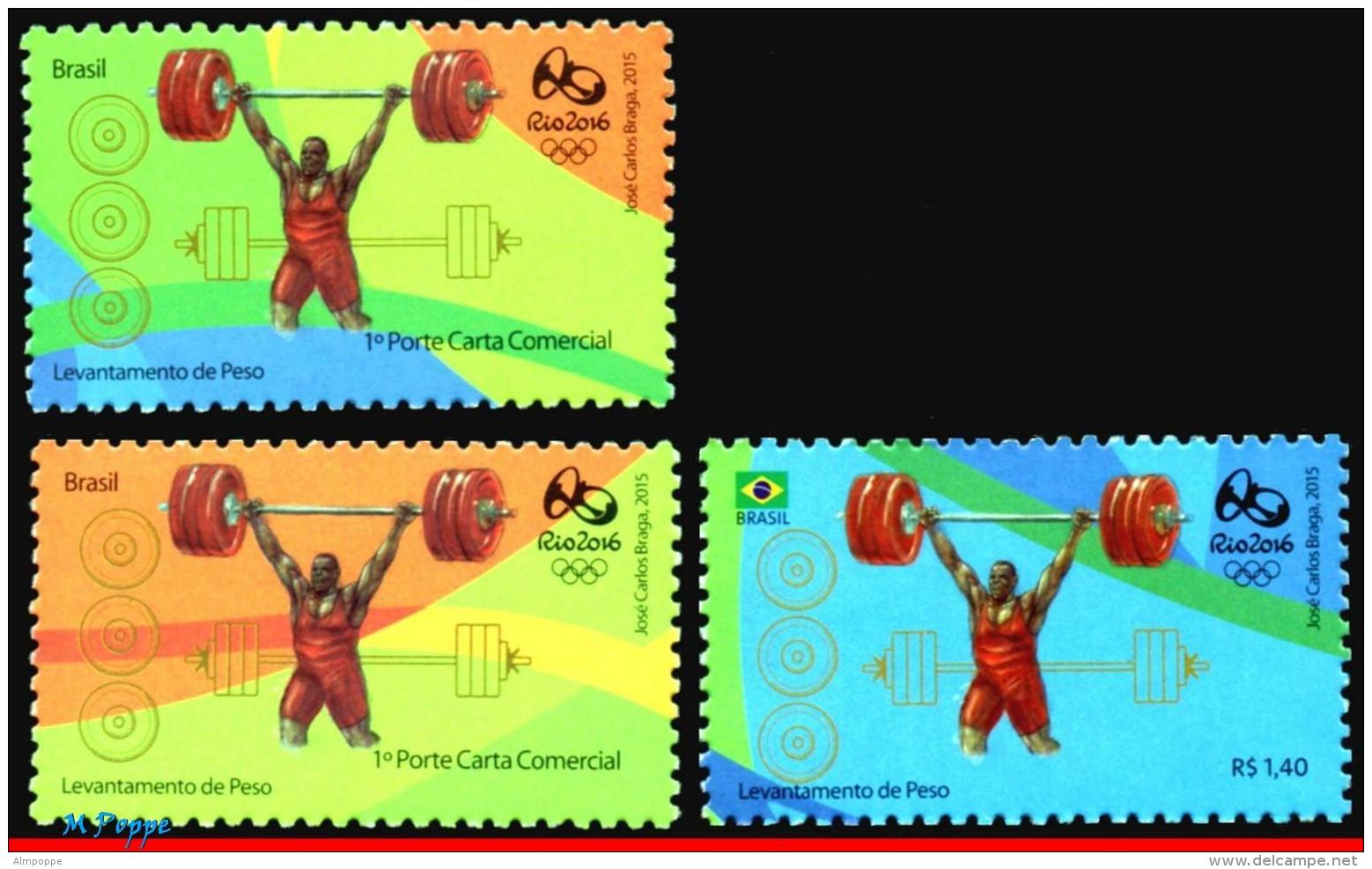 Ref. BR-OLYM-E05 BRAZIL 2015 SPORTS, OLYMPIC GAMES, RIO 2016,, WEIGHTLIFTING,STAMPS 1ST &amp; 4TH SHEET,MNH 3V - Weightlifting