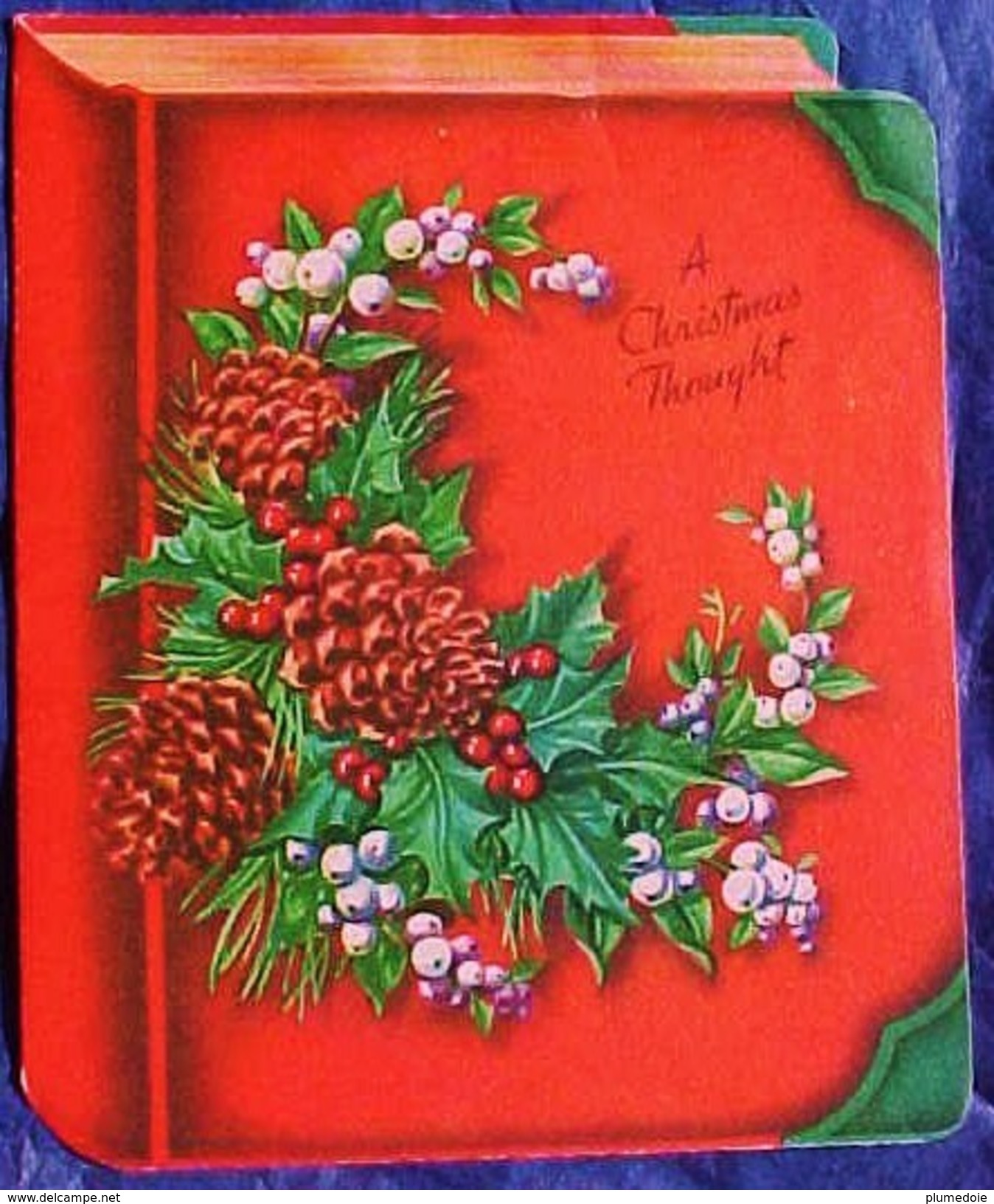 CARTE NOEL LIVRE En TROMPE OEIL , Houx & Gui Pommes De Pin , BOOK Greetings Card CHRISTMAS THOUGHT  Holly Poinsettia - Autres & Non Classés