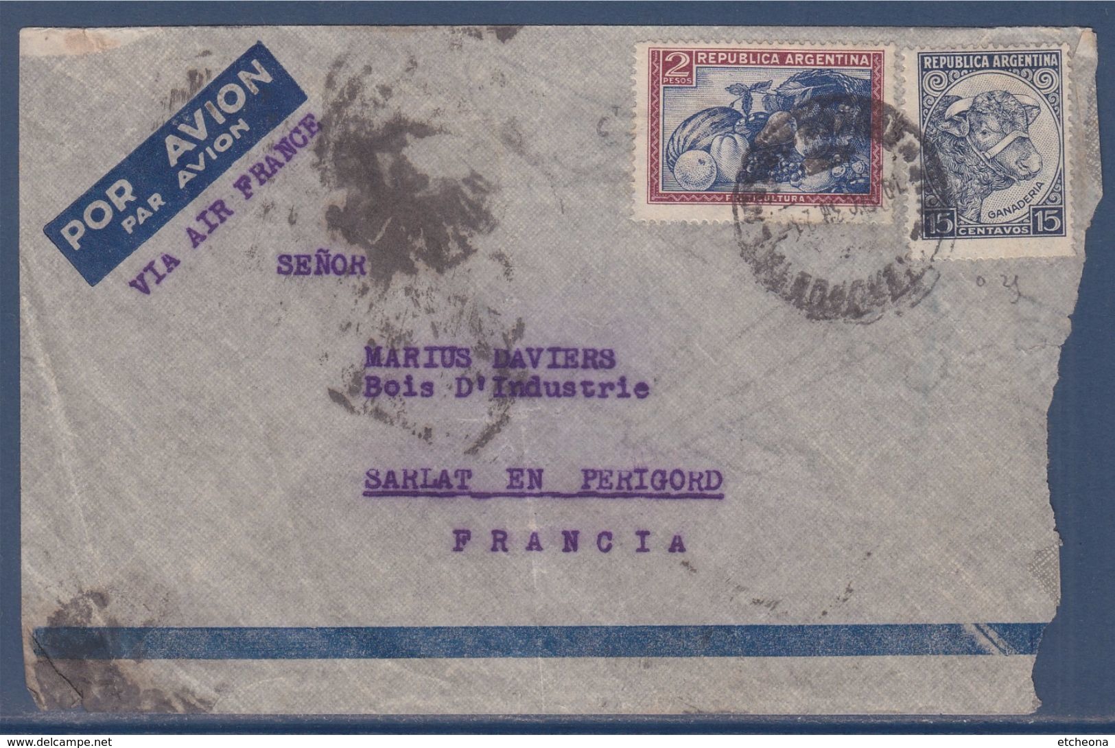 = Enveloppe Argentine Par Avion 19.12.1938 à Sarlat Dordogne Via Air-France 2 Timbres - Covers & Documents
