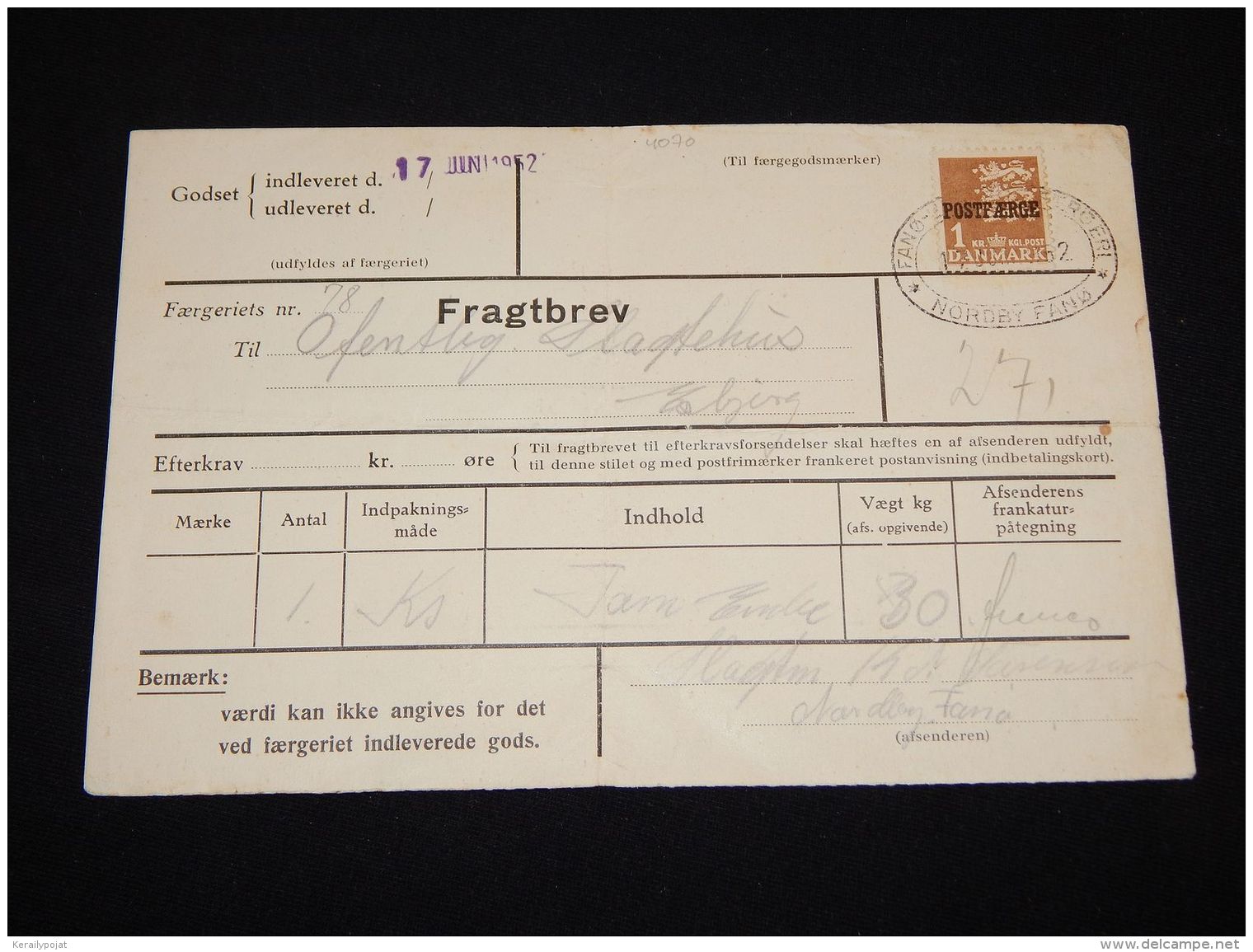 Denmark Fragtbrev 1962 1Kr To Esbjerg__(L-4070) - Colis Postaux