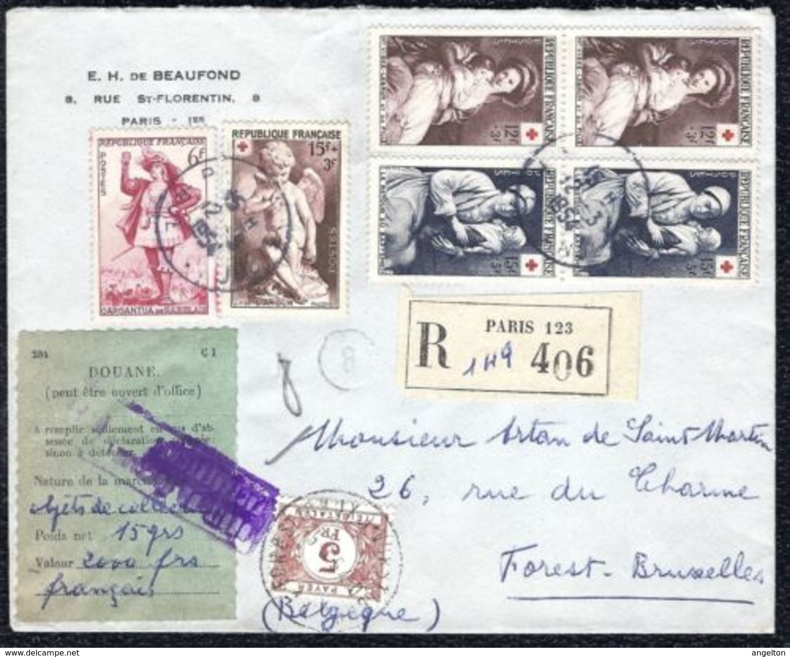France - Belgium Collection Stamped Registered Cover 1954 - Collections