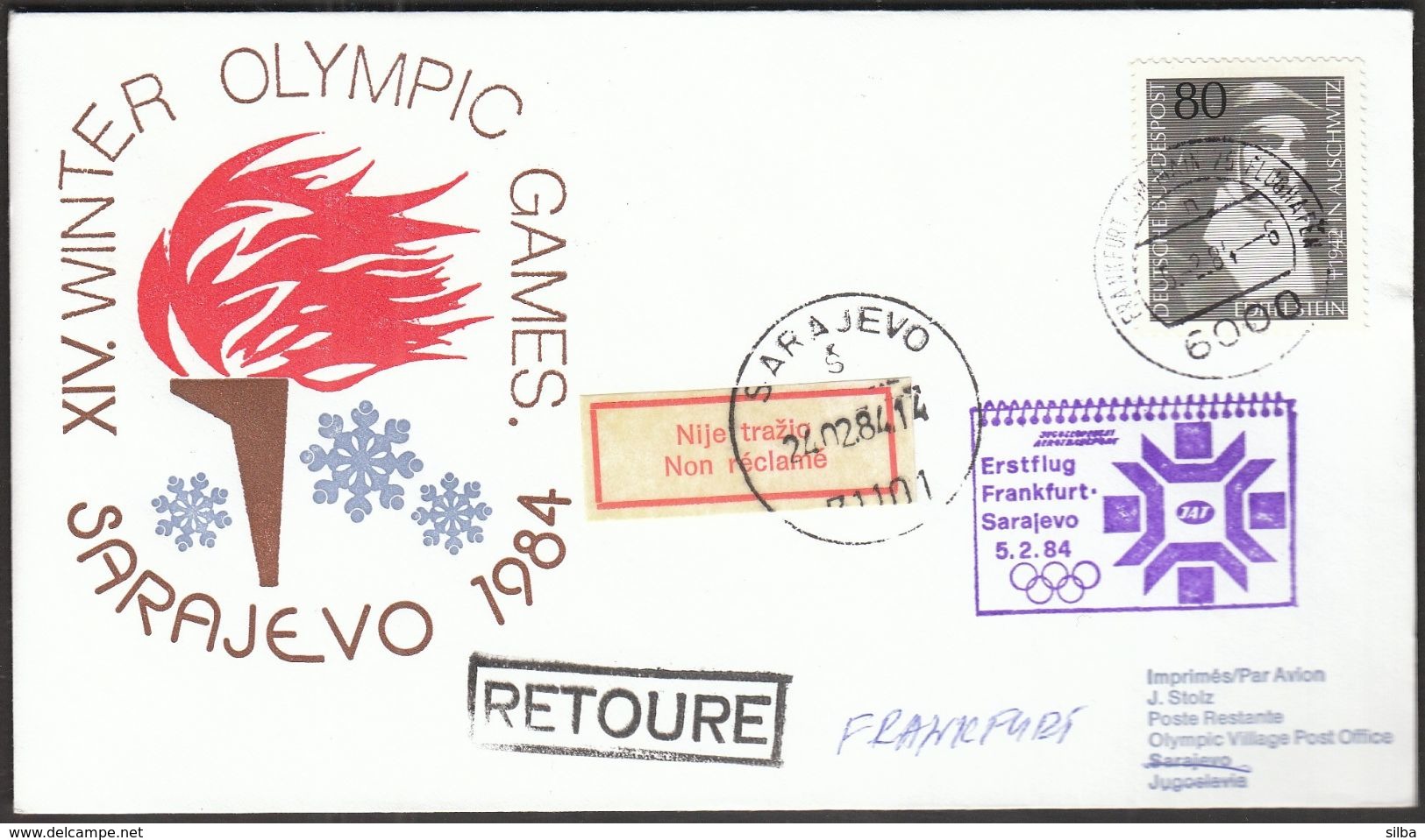 Germany Frank 1984 / Olympic Games Sarajevo / Sent With First JAT Flight Frankfurt - Sarajevo / Return - Winter 1984: Sarajevo