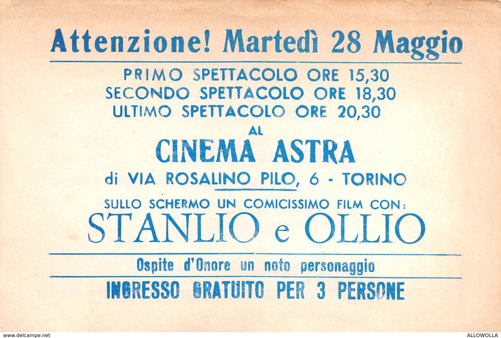 8 "CINEMA ASTRA - TORINO - CARTONC. D'INGR. GRATUITO PER TRE PERSONE" FOGLIO PUBBLIC. ORIG. - Eintrittskarten