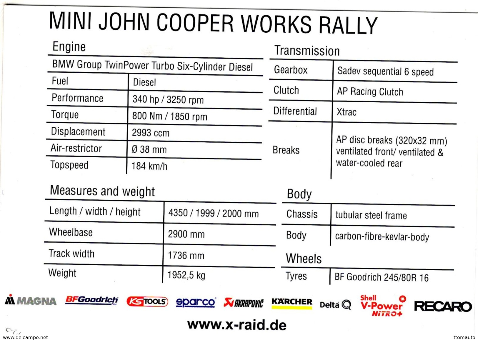 Rally Dakar 2017  -  Mini John Cooper Works X-Raid  -  Pilotes: Mikko Hirvonen/Michel Périn - Carte Promo - Rallyes