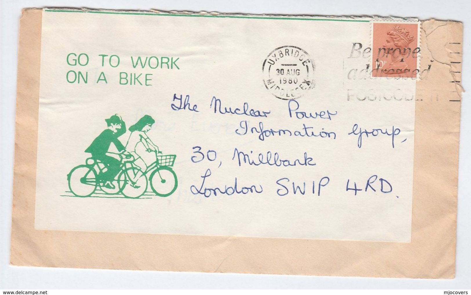 1980 Uxbridge GO TO WORK ON A BIKE  Illus CYCLING  COVER Re-use Label Gb Stamps Bicycle Friends The Earth Environment - Vélo