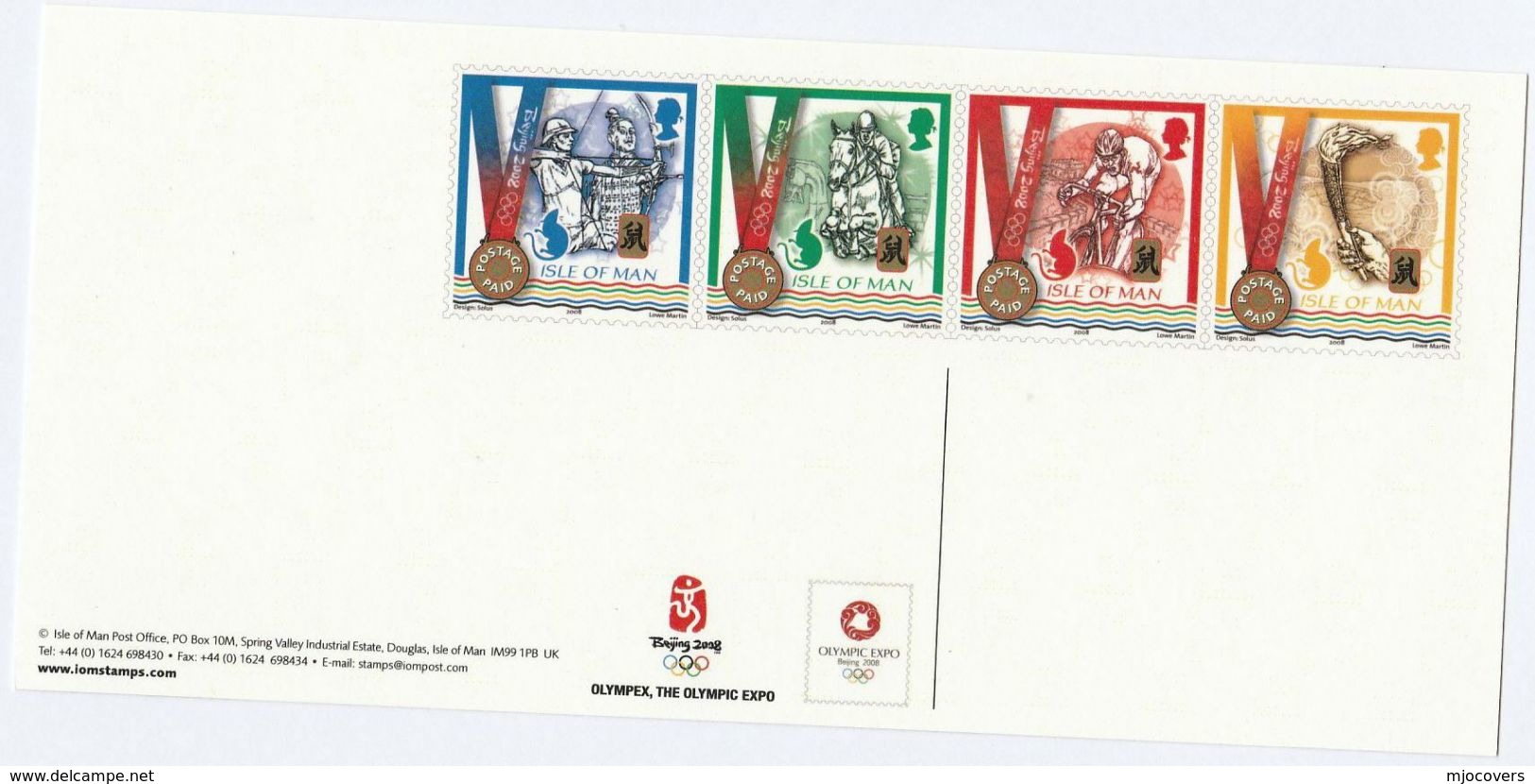 BEIJING OLYMPICS Isle Of Man POSTAL STATIONERY Card ARCHERY CYCLING HORSE Stamp Cover Sport Olympic Games Bicycle Bike - Cycling