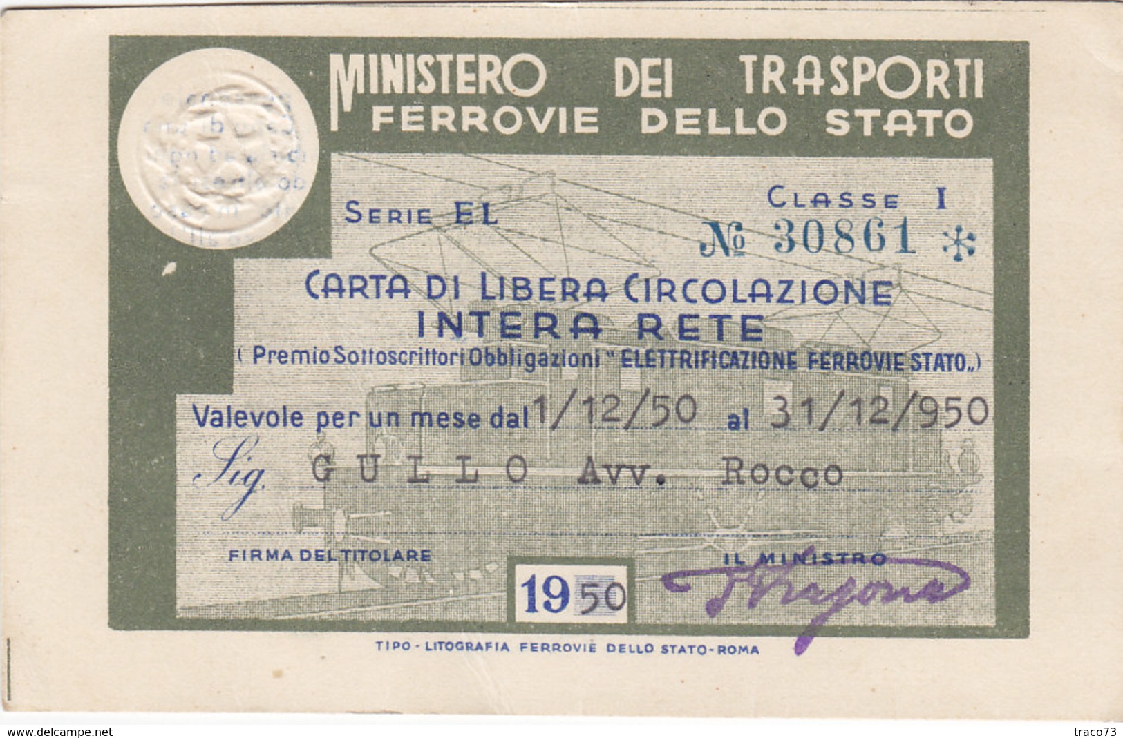 FERROVIE DELLO STATO / CARTA DI LIBERA CIRCOLAZIONE - Classe 1^ _  1950 - Europa