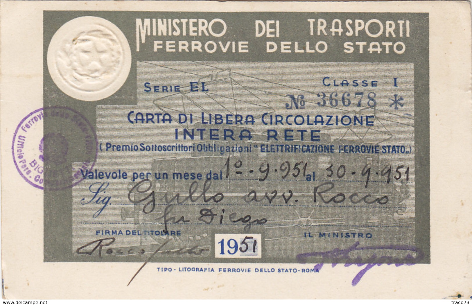 FERROVIE DELLO STATO / CARTA DI LIBERA CIRCOLAZIONE - Classe 1^ _  1951 - Europa