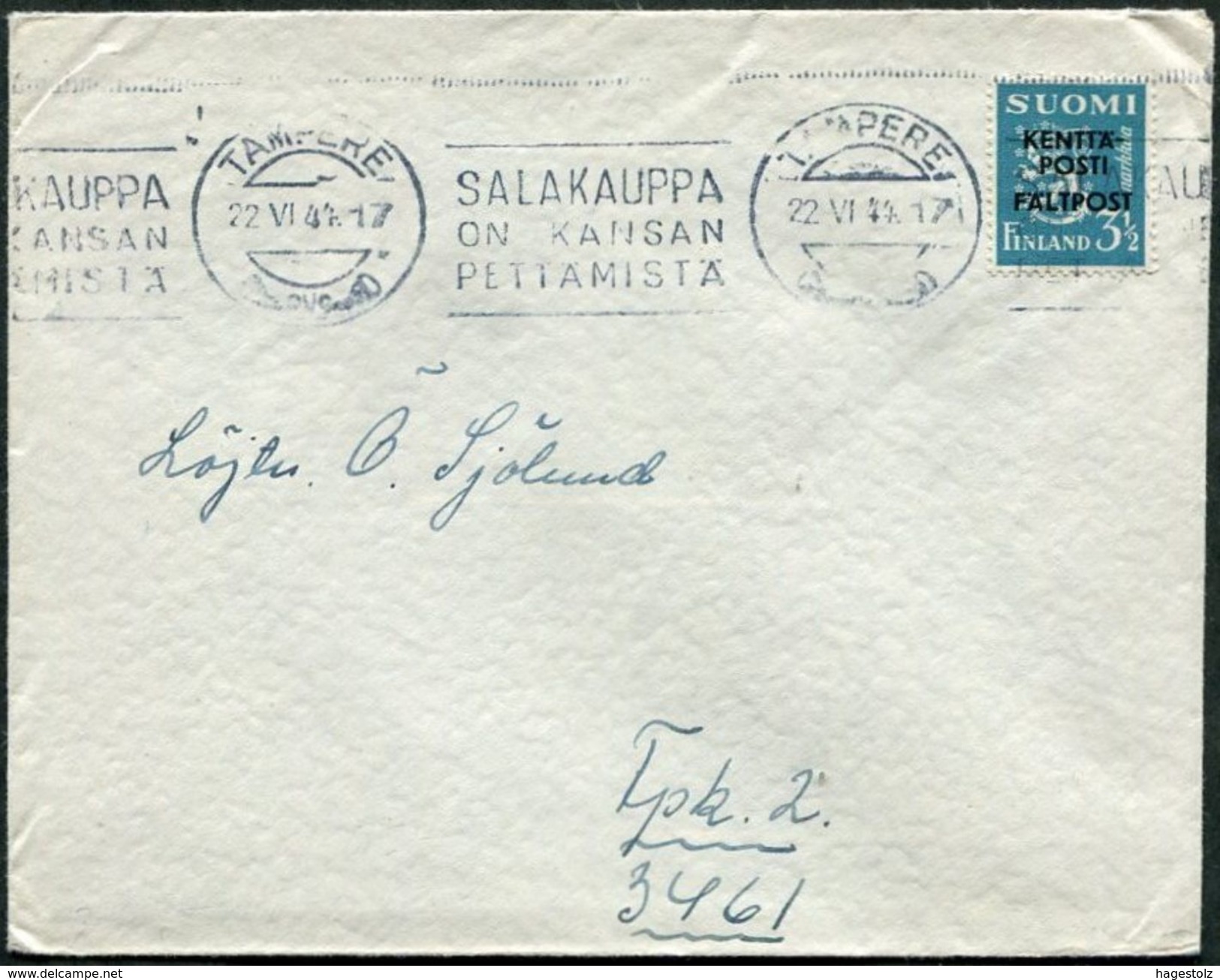 Finland 1944 WW2 Field Post TAMPERE Machine Slogan Cancel > Front KPK 2 With FP Stamp On Military Cover Feldpost WWII - Militares