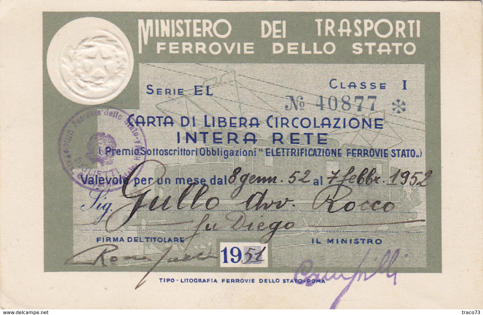 FERROVIE DELLO STATO / CARTA DI LIBERA CIRCOLAZIONE - Classe 1^ _  1952 - Europa