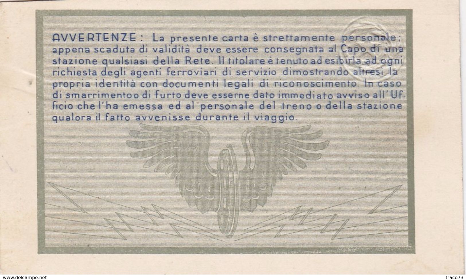 FERROVIE DELLO STATO / CARTA DI LIBERA CIRCOLAZIONE - Classe 1^ _  1952 - Europa