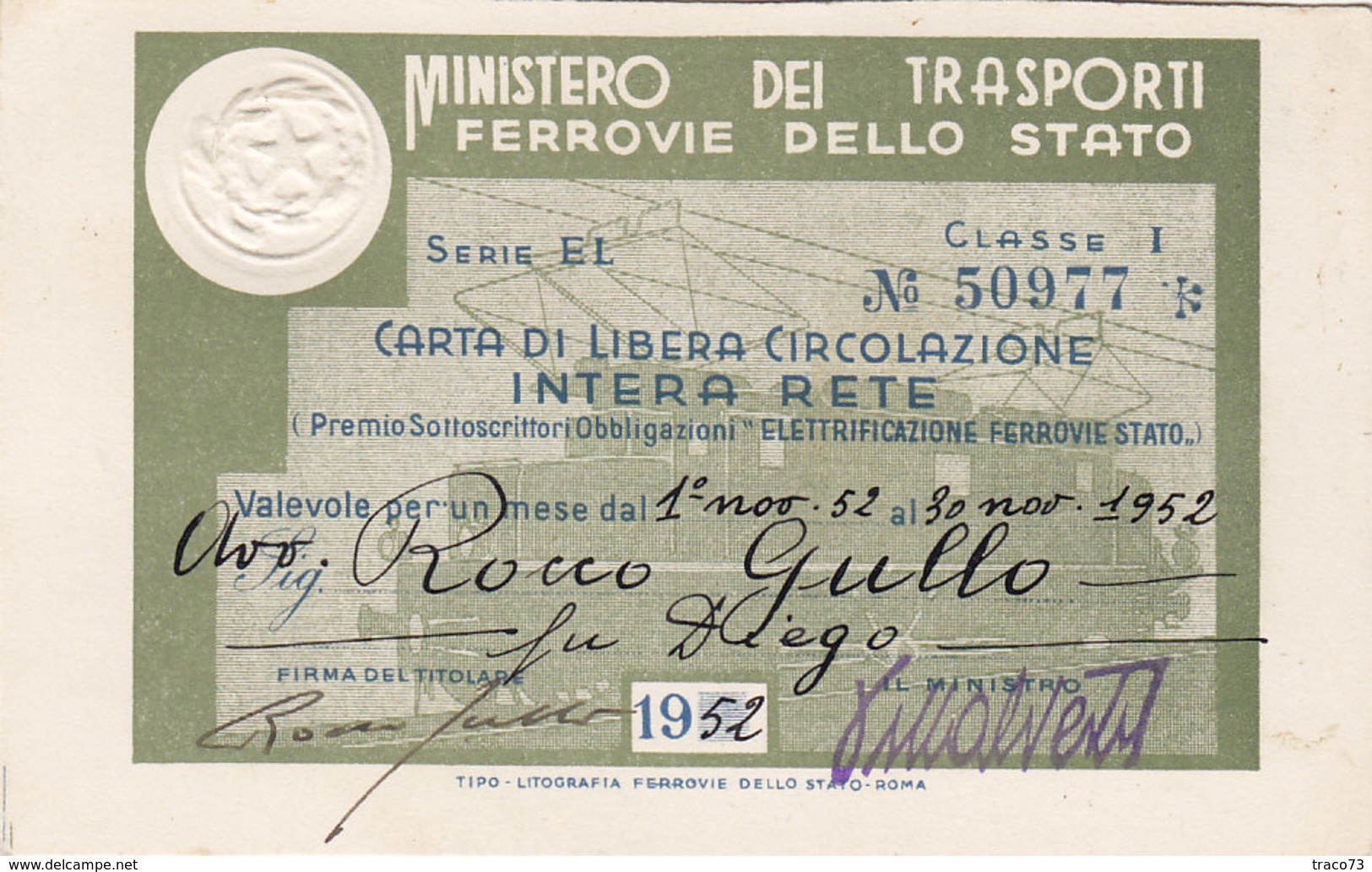 FERROVIE DELLO STATO / CARTA DI LIBERA CIRCOLAZIONE - Classe 1^ _  1952 - Europa