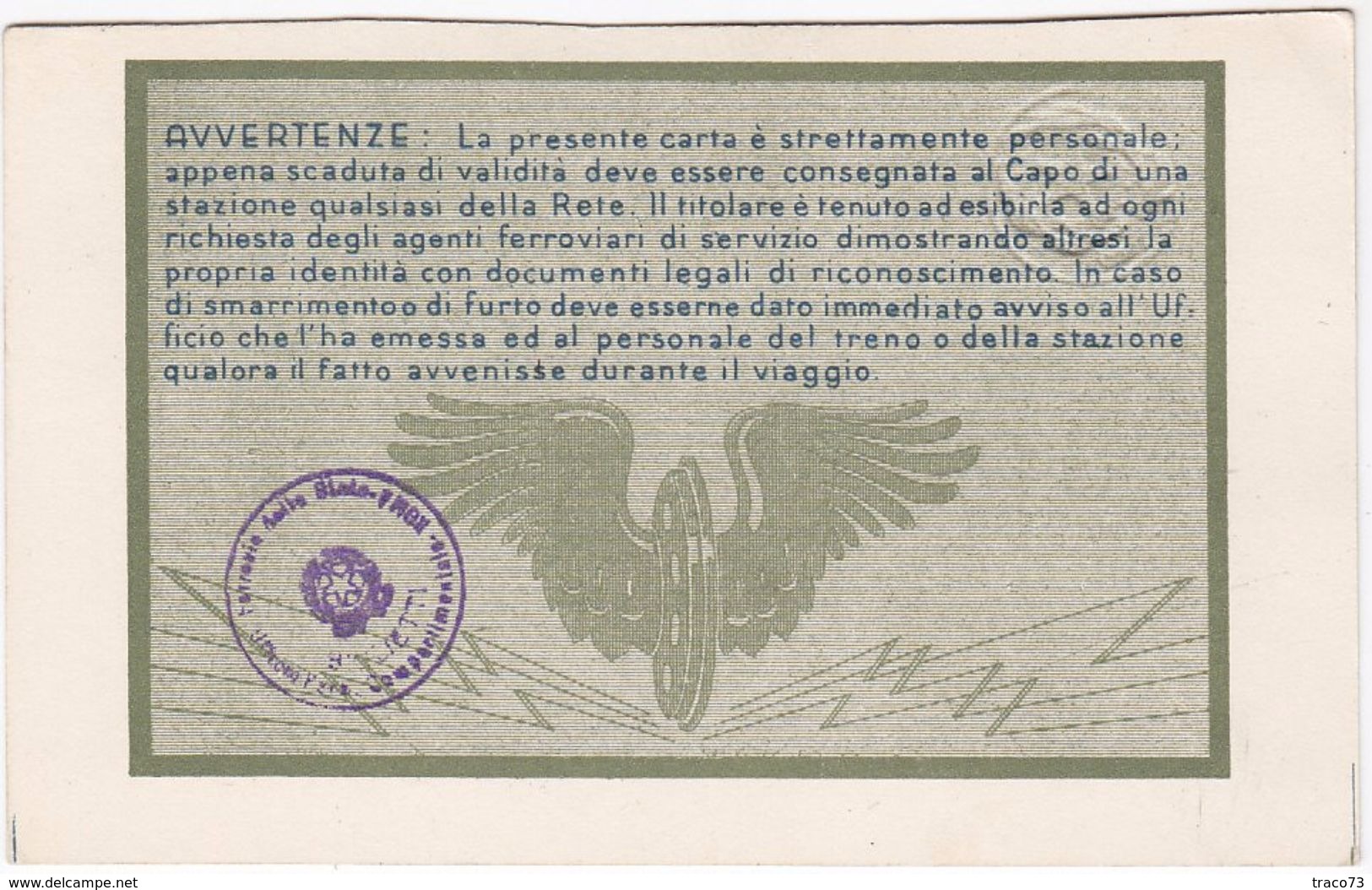 FERROVIE DELLO STATO / CARTA DI LIBERA CIRCOLAZIONE - Classe 1^ _  1952 - Europa