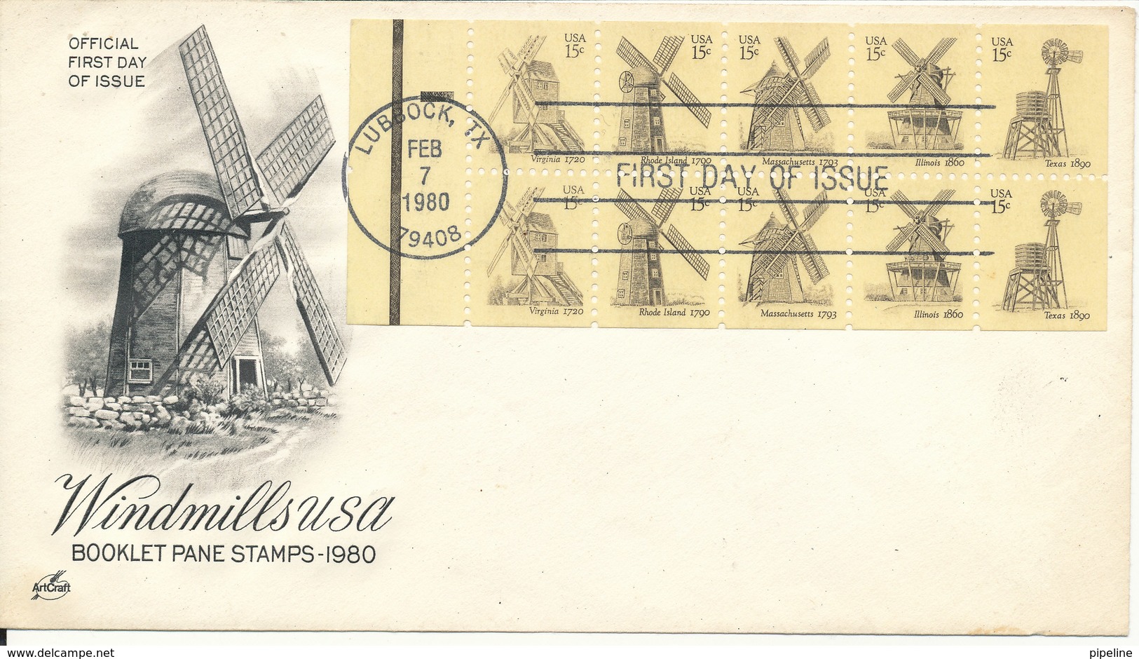 USA FDC 7-2-1980 Windmills USA Booklet Pane Stamps With Cachet - 1971-1980