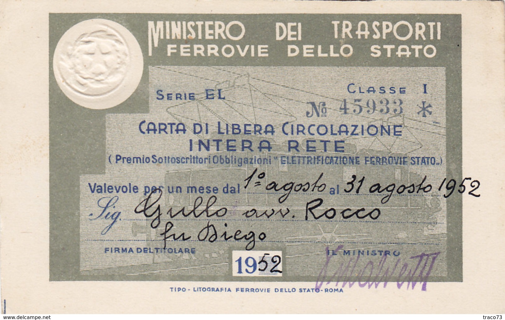 FERROVIE DELLO STATO / CARTA DI LIBERA CIRCOLAZIONE - Classe 1^ _  1952 - Europa