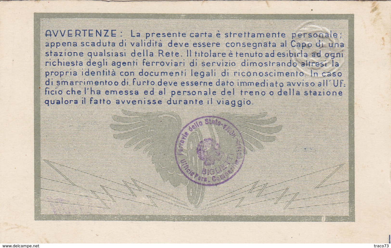 FERROVIE DELLO STATO / CARTA DI LIBERA CIRCOLAZIONE - Classe 1^ _  1952 - Europa