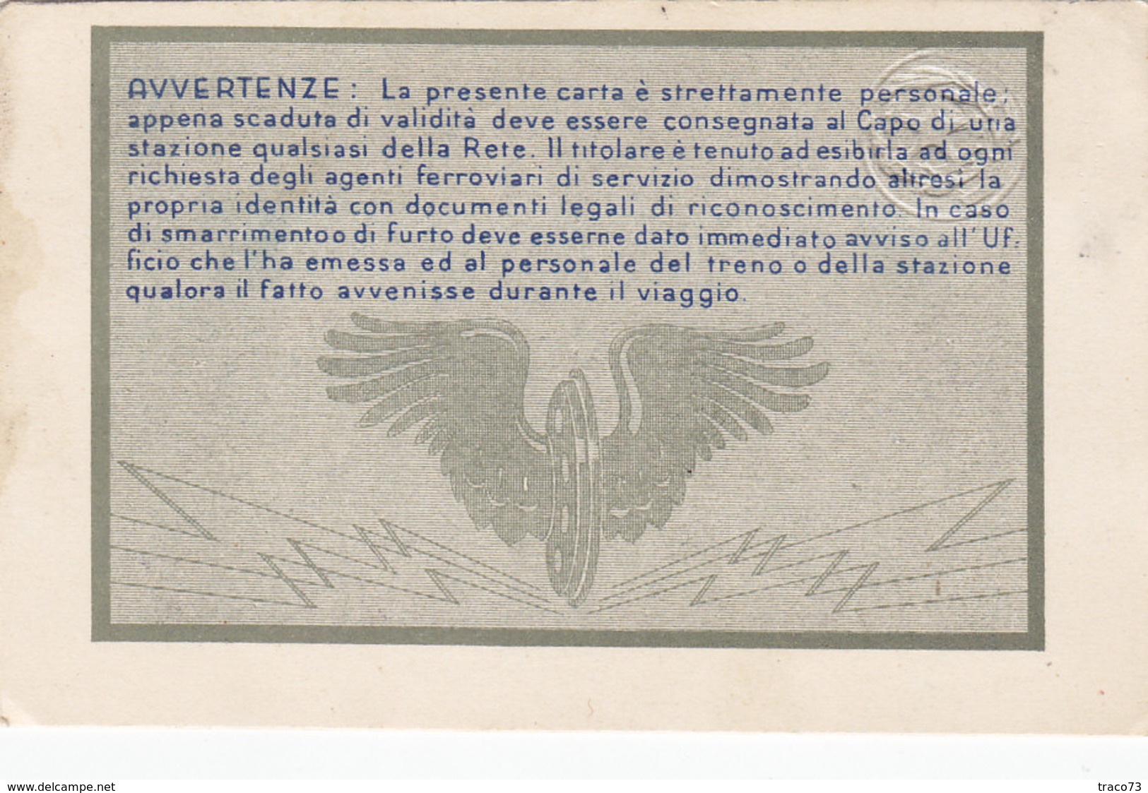FERROVIE DELLO STATO / CARTA DI LIBERA CIRCOLAZIONE - Classe 1^ _  1952 - Europa