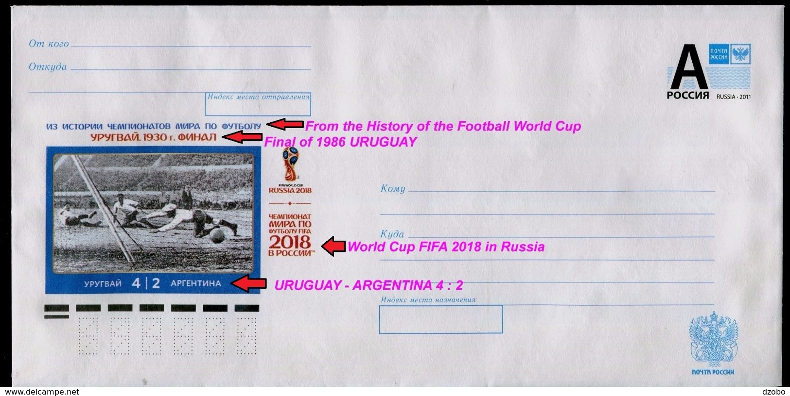 953-RUSSIA Prepaid Envelope-imprint WM 2018 FIFA Football-soccer Final History URUGUAY 1930 Uruguay-Argentina 2015 - 2018 – Rusia