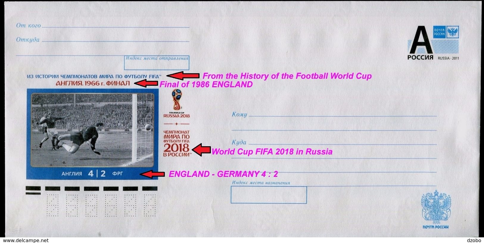 956-RUSSIA Prepaid Envelope-imprint WM 2018 FIFA Football-soccer Final History ENGLAND 1966 England-Germany 2016 - 2018 – Rusia