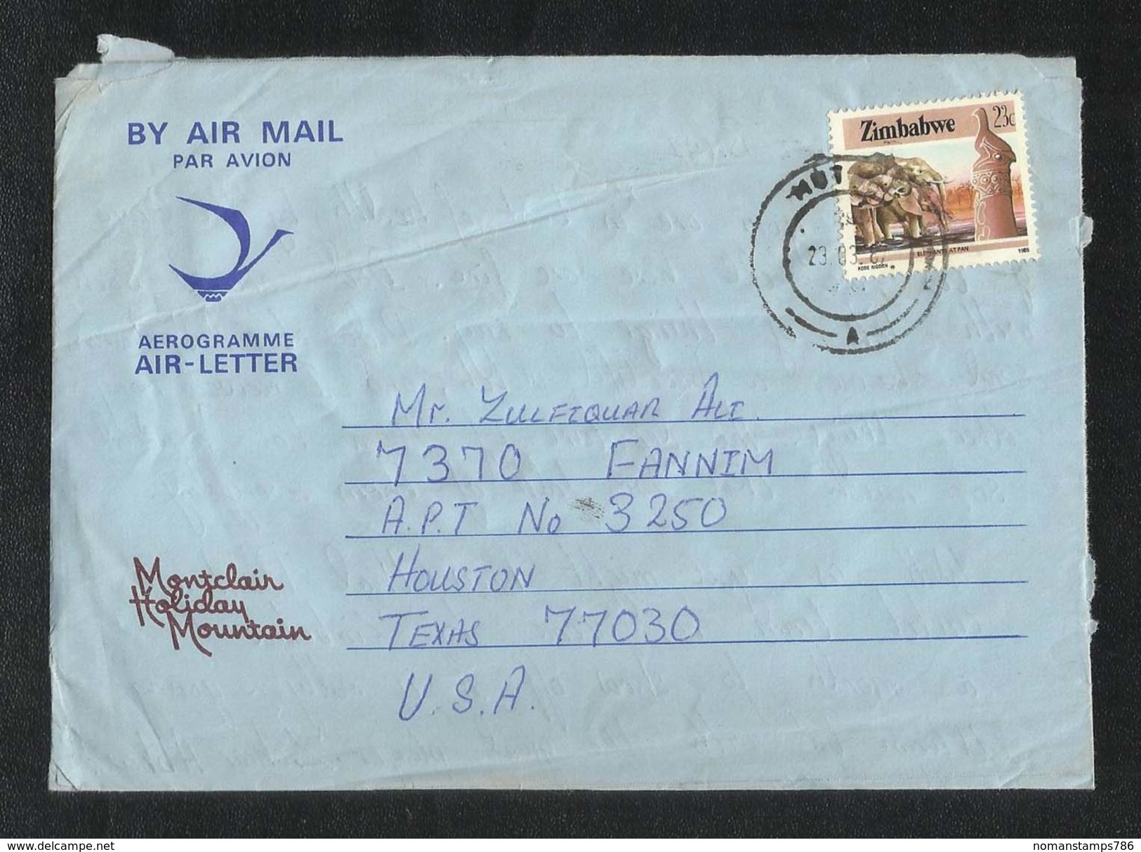 Zimbabwe 1987 Air Mail Postal Used Aerogramme Cover Zimbabwe To Pakistan Elephant Animal - Zimbabwe (1980-...)