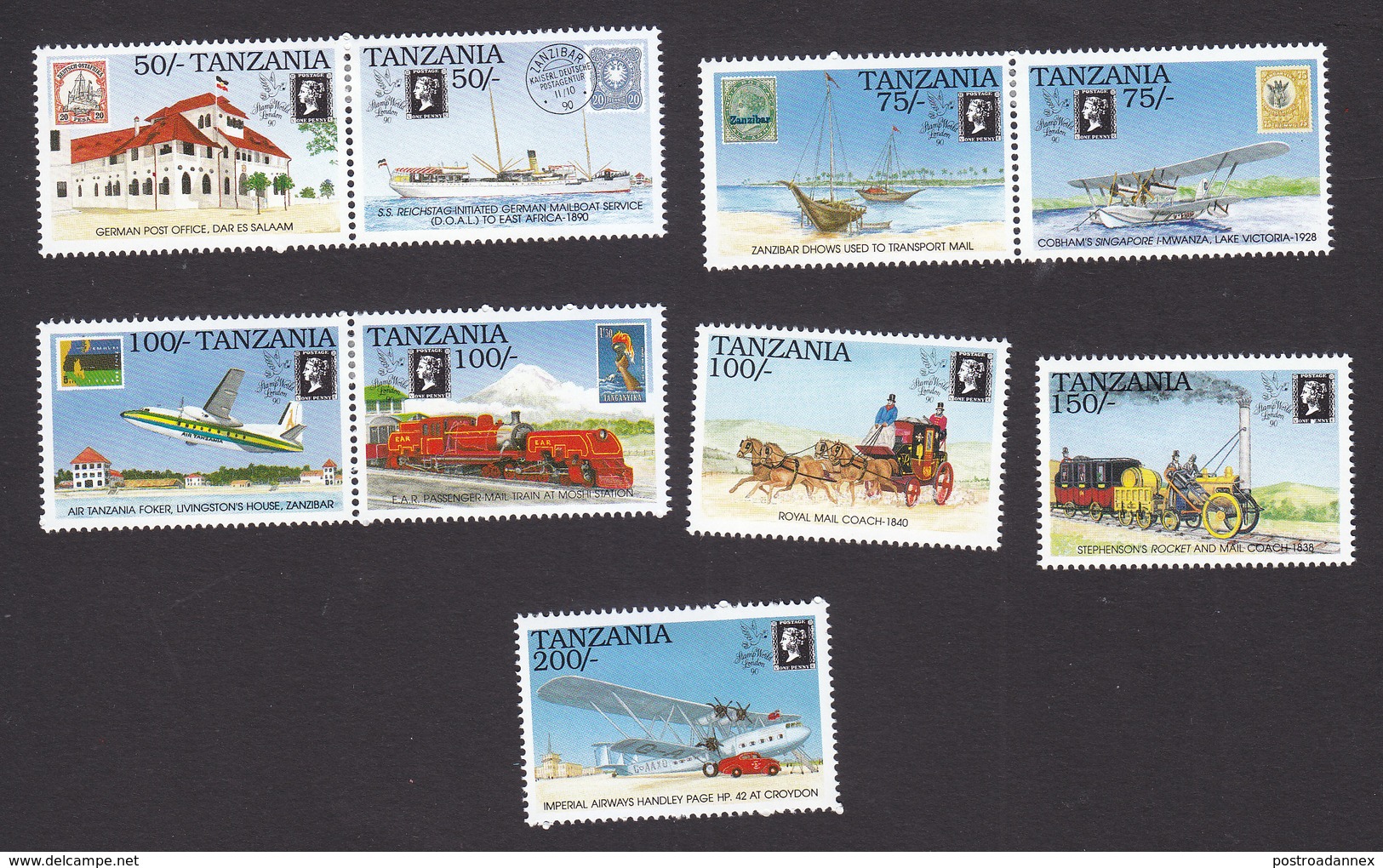 Tanzania, Scott #669a, 671a, 673a, 674-676, Mint Hinged, Stamps Mail Transport, Issued 1990 - Tanzania (1964-...)