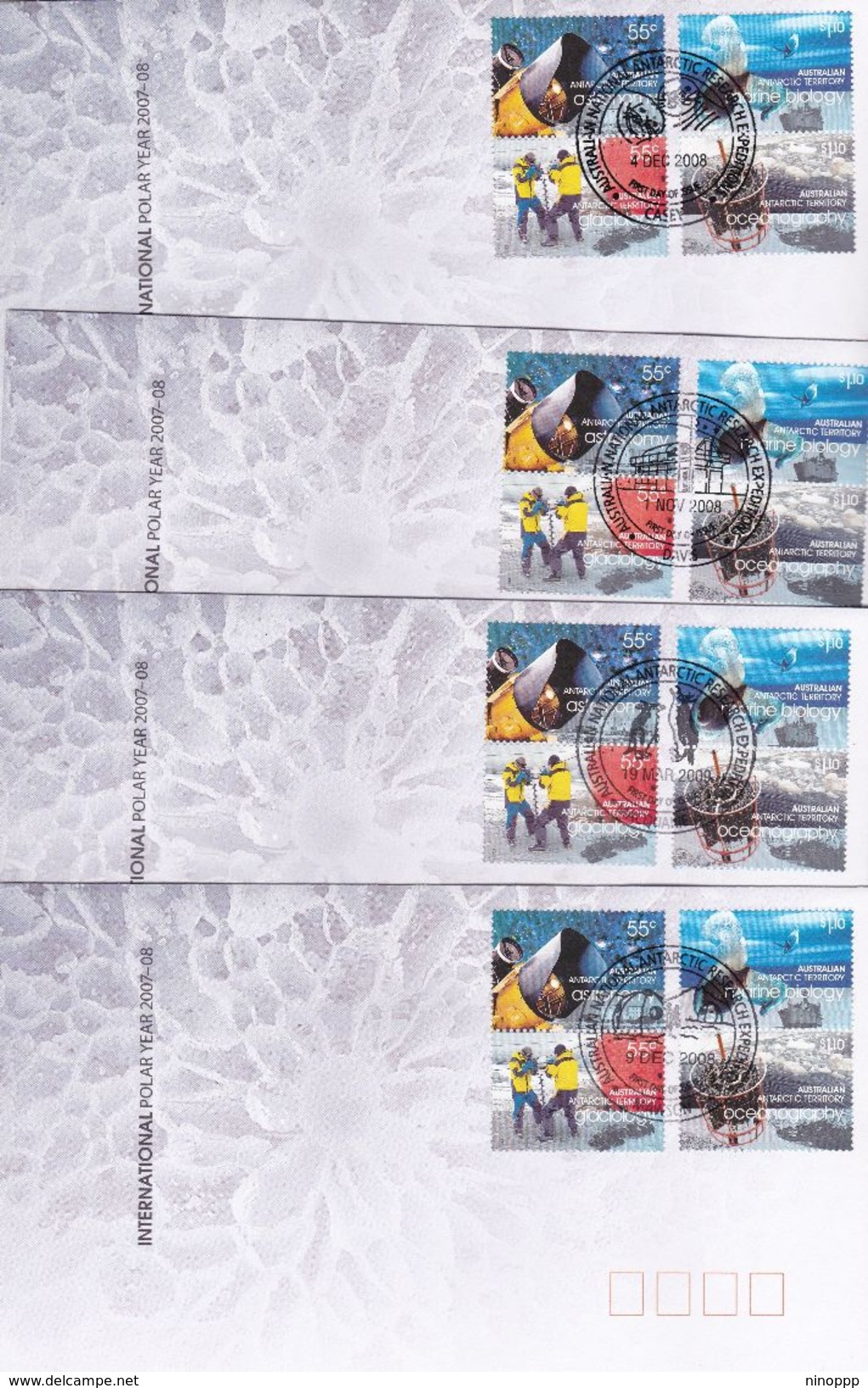 Australian Antarctic Territory 2008 International Polar Year, Set 4 Bases FDCs Cancellations - FDC