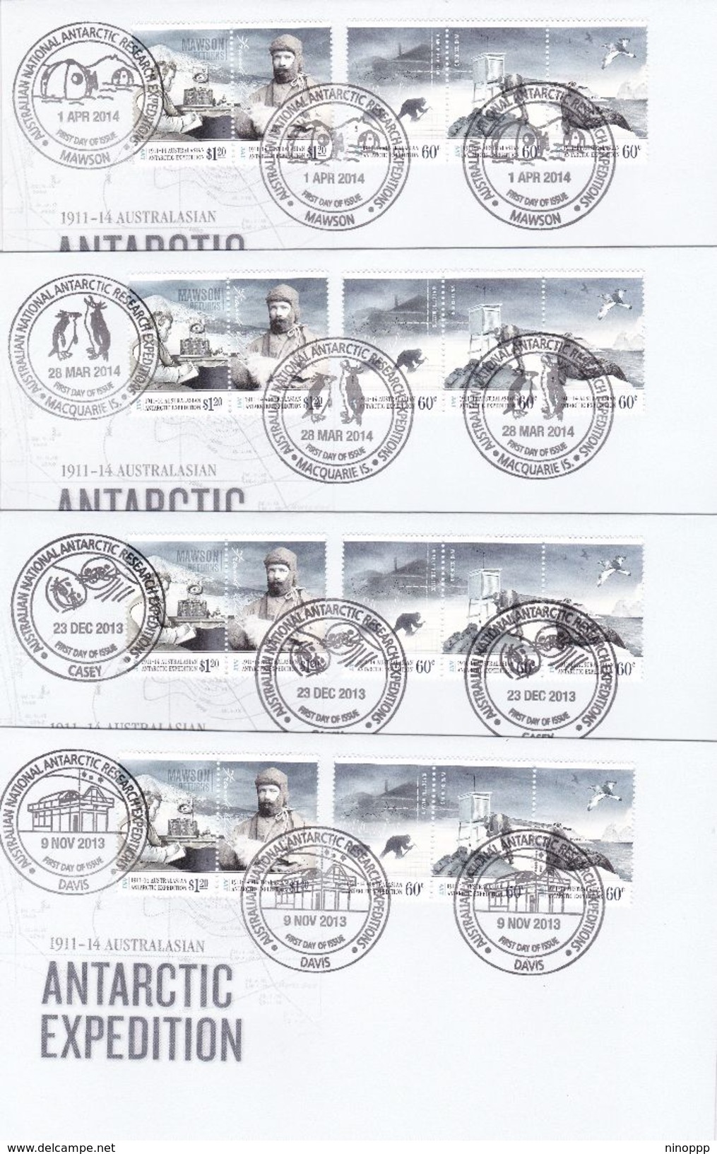 Australian Antarctic Territory 2013 Antarctic Expedition, Disaster And Isolation, Set 4 Bases FDCs - FDC