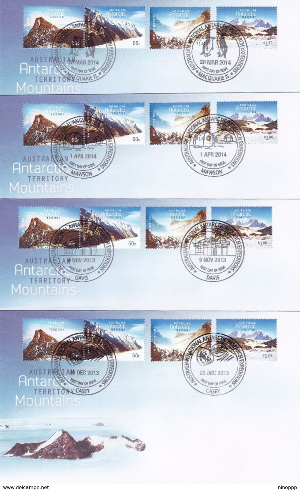 Australian Antarctic Territory 2013 Mountains, Set 4 Bases FDCs - FDC