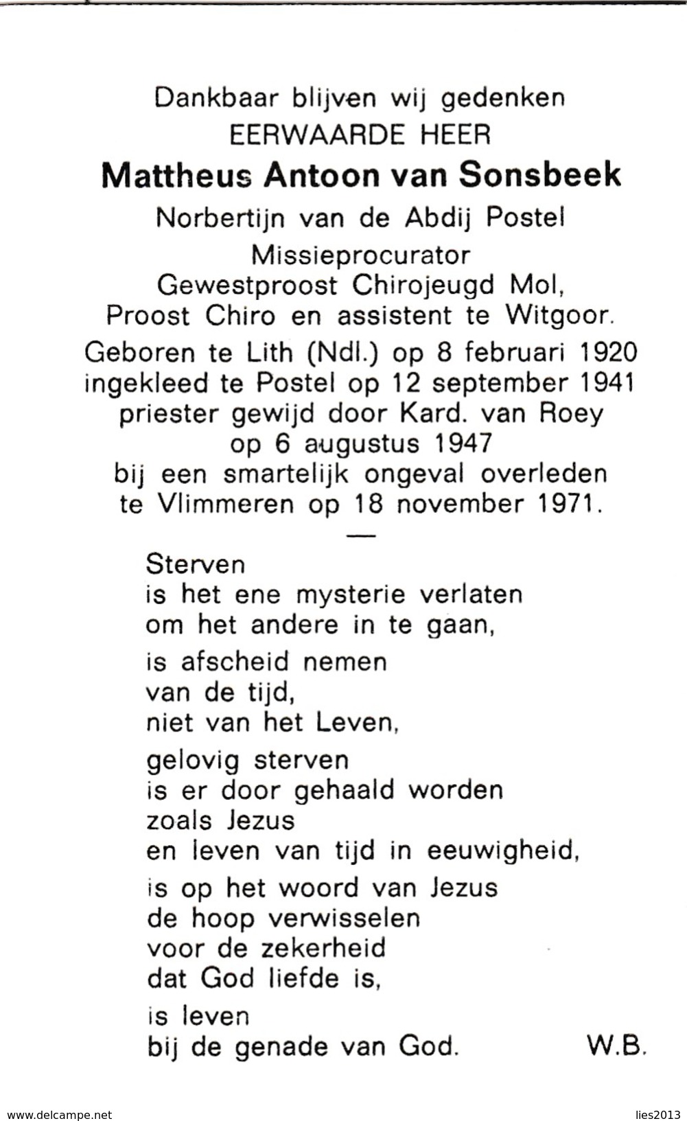 Priester, Abbe,Mattheus Van Sonsbeek,Postel, Mol, Witgoor,Lith, Vlimmeren - Religion & Esotérisme