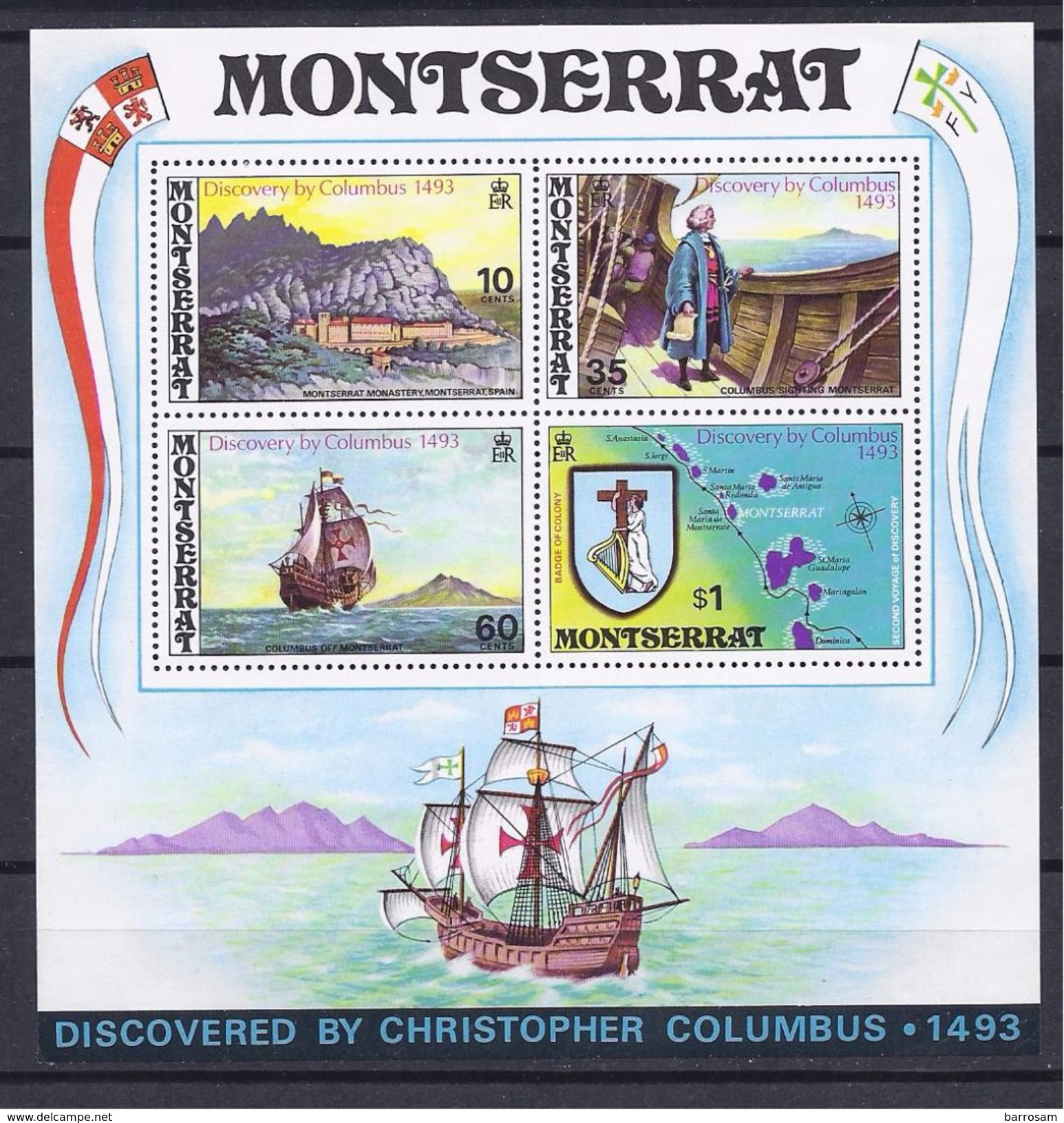 MONTSERRAT1973: COLUMBUS  Scott 295A Michel Bloc.3 Cat.Value 40Euros - Montserrat