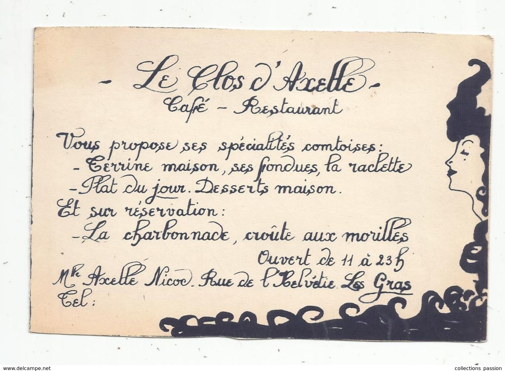 Carte De Visite, 15 X 10 , Café - Restaurant LE CLOS D'AXELLE , Rue De L'Helvétie , LES GRAS , Doubs - Cartes De Visite