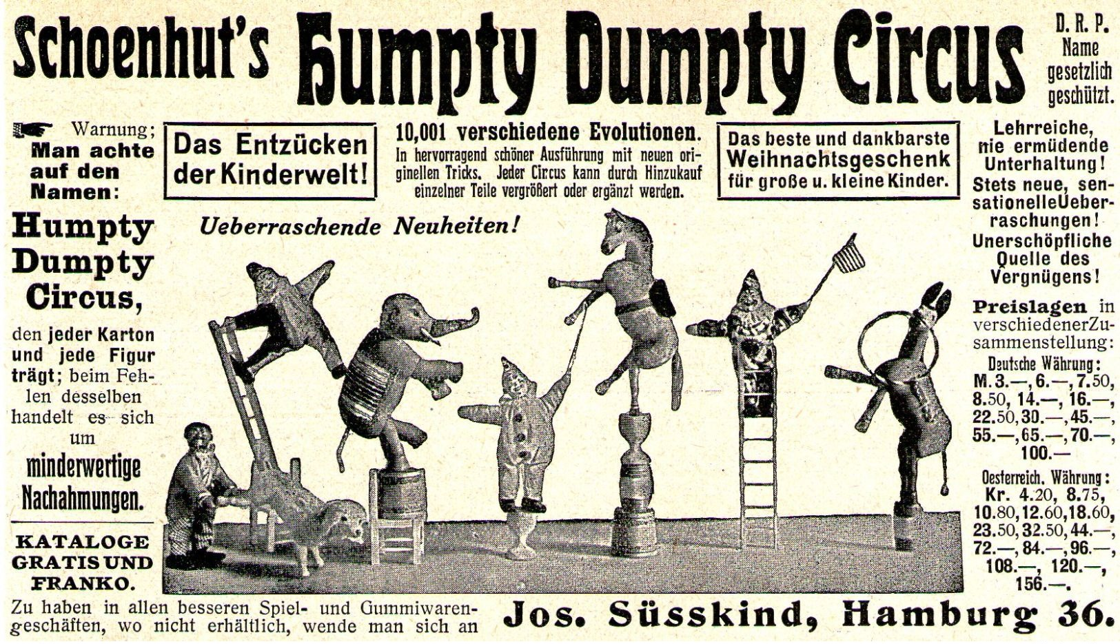 Original-Werbung/ Anzeige 1911 - SCHOENHUT'S HUMPTY DUMPTY CIRCUS / SÜSSKIND - HAMBURG - Ca. 130 X 75 Mm - Werbung