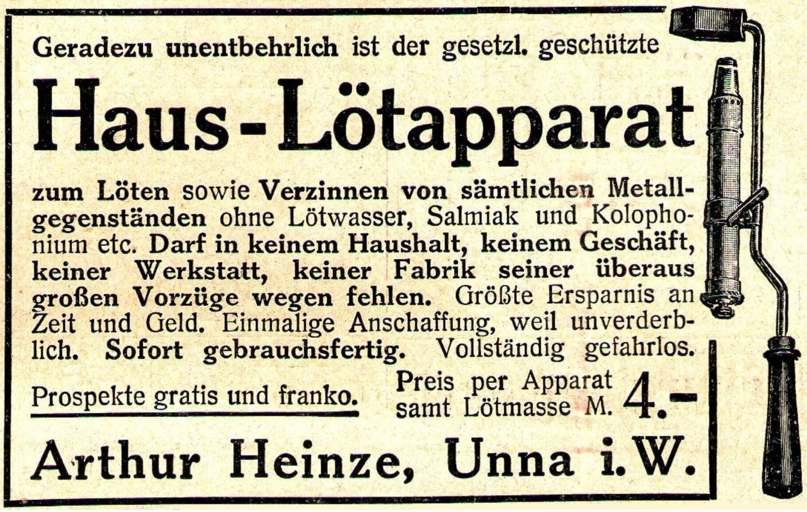 Original-Werbung/ Anzeige 1911 - HAUS - LÖTAPPARAT / HEINZE - UNNA - Ca. 80 X 50 Mm - Werbung