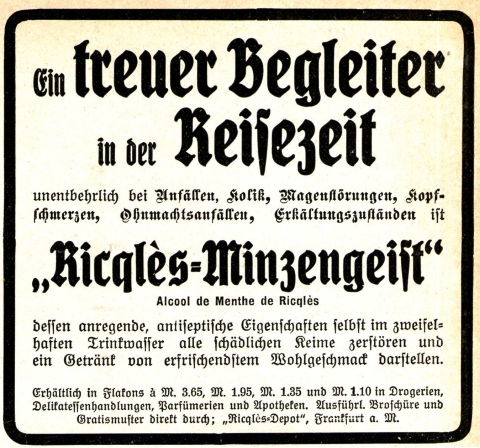 Original-Werbung/ Anzeige 1911 - RICQLÈS MINZENGEIST - Ca. 90 X 80 Mm - Werbung