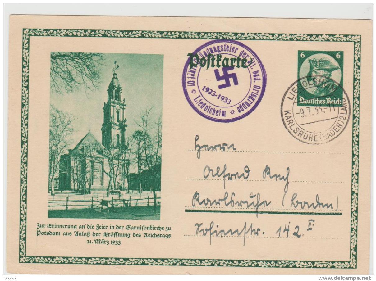 III-GA418 / Ganzsache Mit Jubiläumsstempel Liedholshein, Badeb  1933 (Heimatbeleg)  Garnisonskirche Potsdam - Briefe U. Dokumente