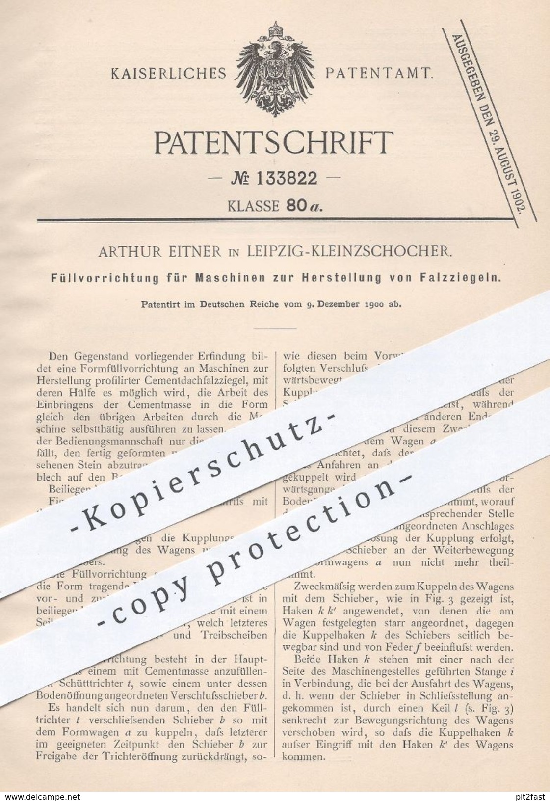 Original Patent - Arthur Eitner , Leipzig / Kleinzschocher , 1900 , Füllvorrichtung Zur Herst. Von Falzziegeln | Ziegel - Historical Documents