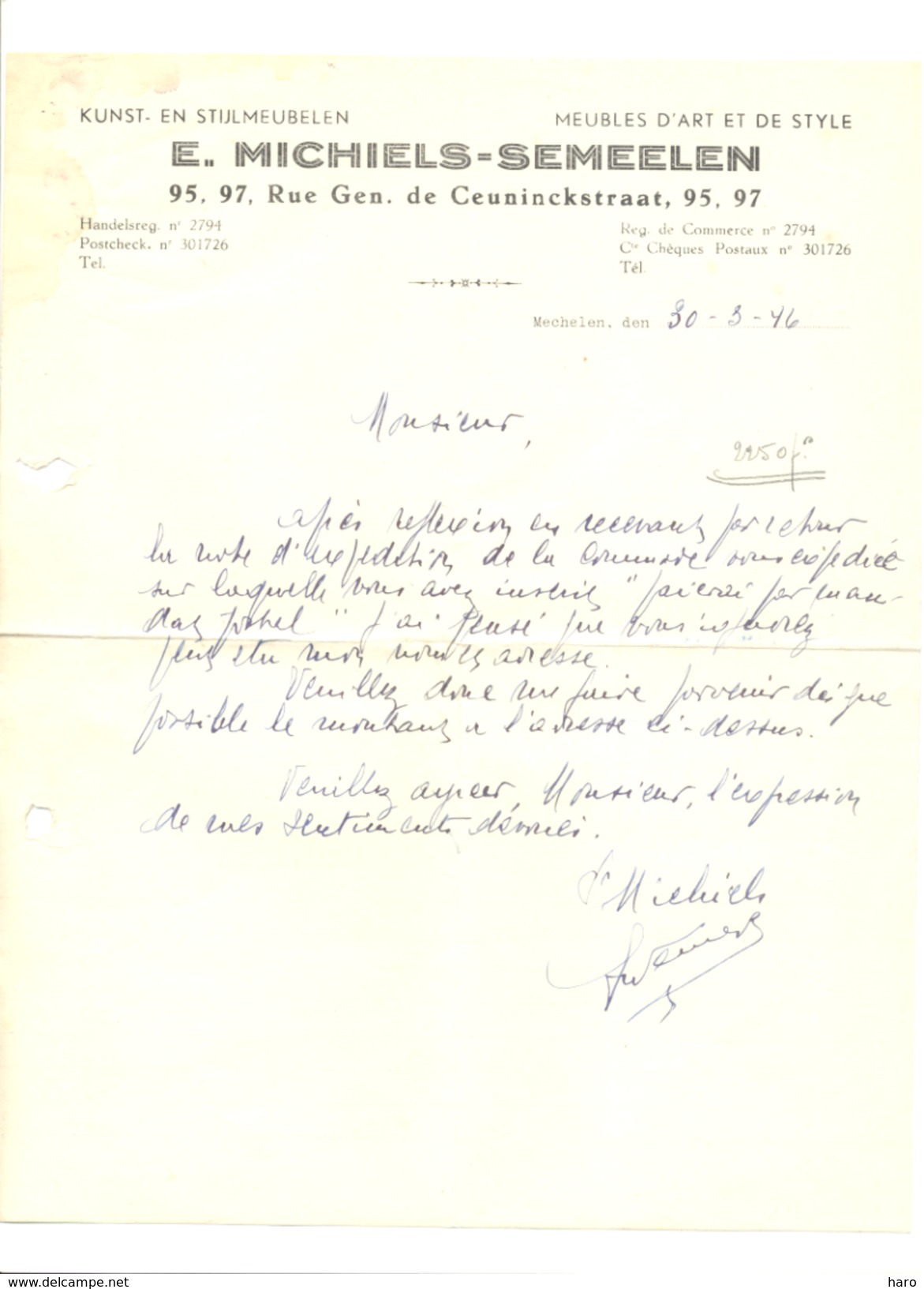 Lettre à Entête - Stijlmeubelen - Meubles De Style E. MICHIELS - SEMEELEN - MECHELEN / MALINES 1946 (k) - 1900 – 1949