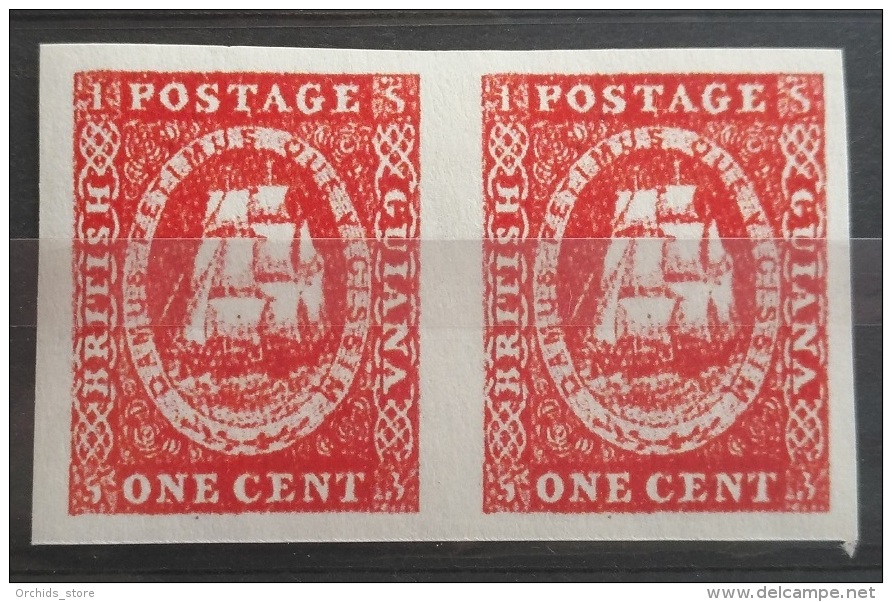 V33 British Colony GUIANA - ONE CENT Ship - IMPERF PAIR Rare Stamp - Modern Reproduction - Other & Unclassified