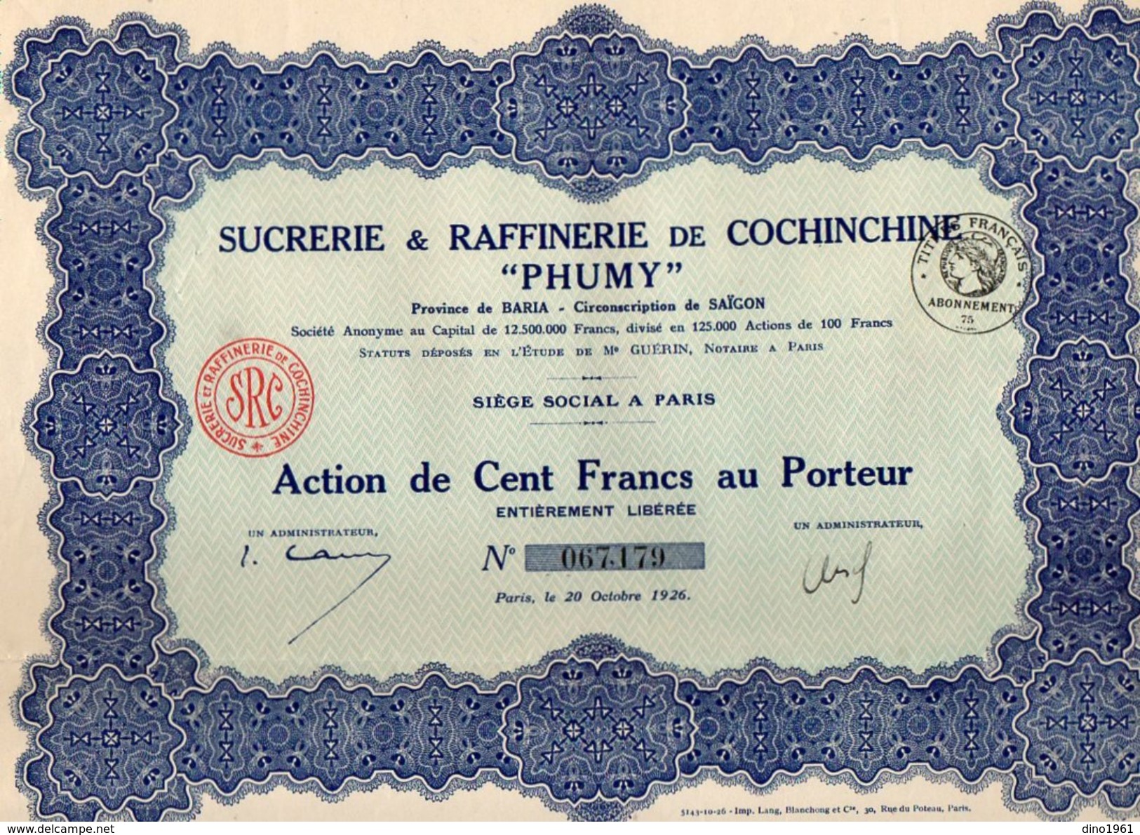 VP11.521 - Action - PARIS X SÏGON 1926 - Sucrerie & Raffinerie De Cochinchine ¨ PHUMY ¨ - Agricoltura