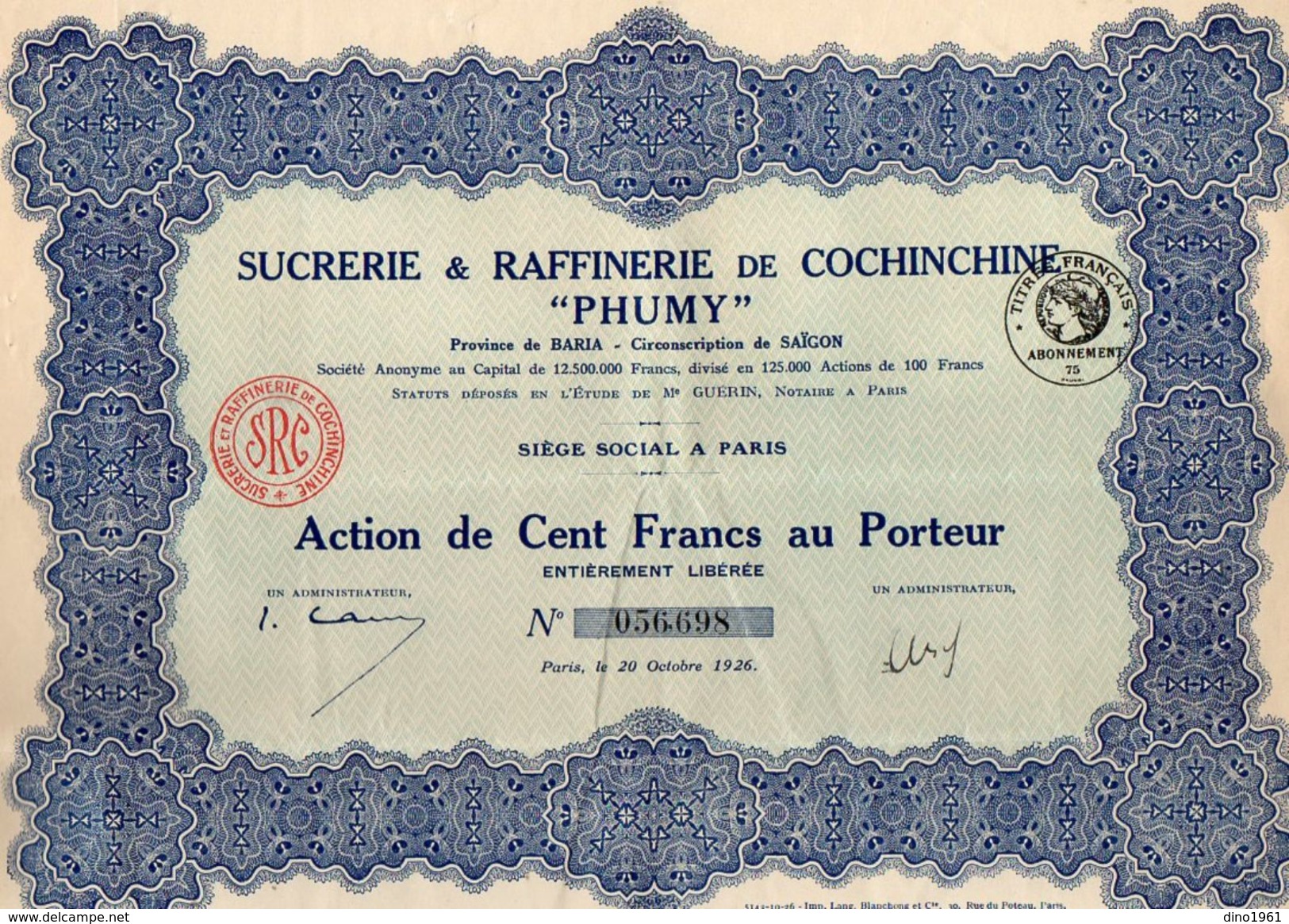 VP11.522 - Action - PARIS X SÏGON 1926 - Sucrerie & Raffinerie De Cochinchine ¨ PHUMY ¨ - Landwirtschaft